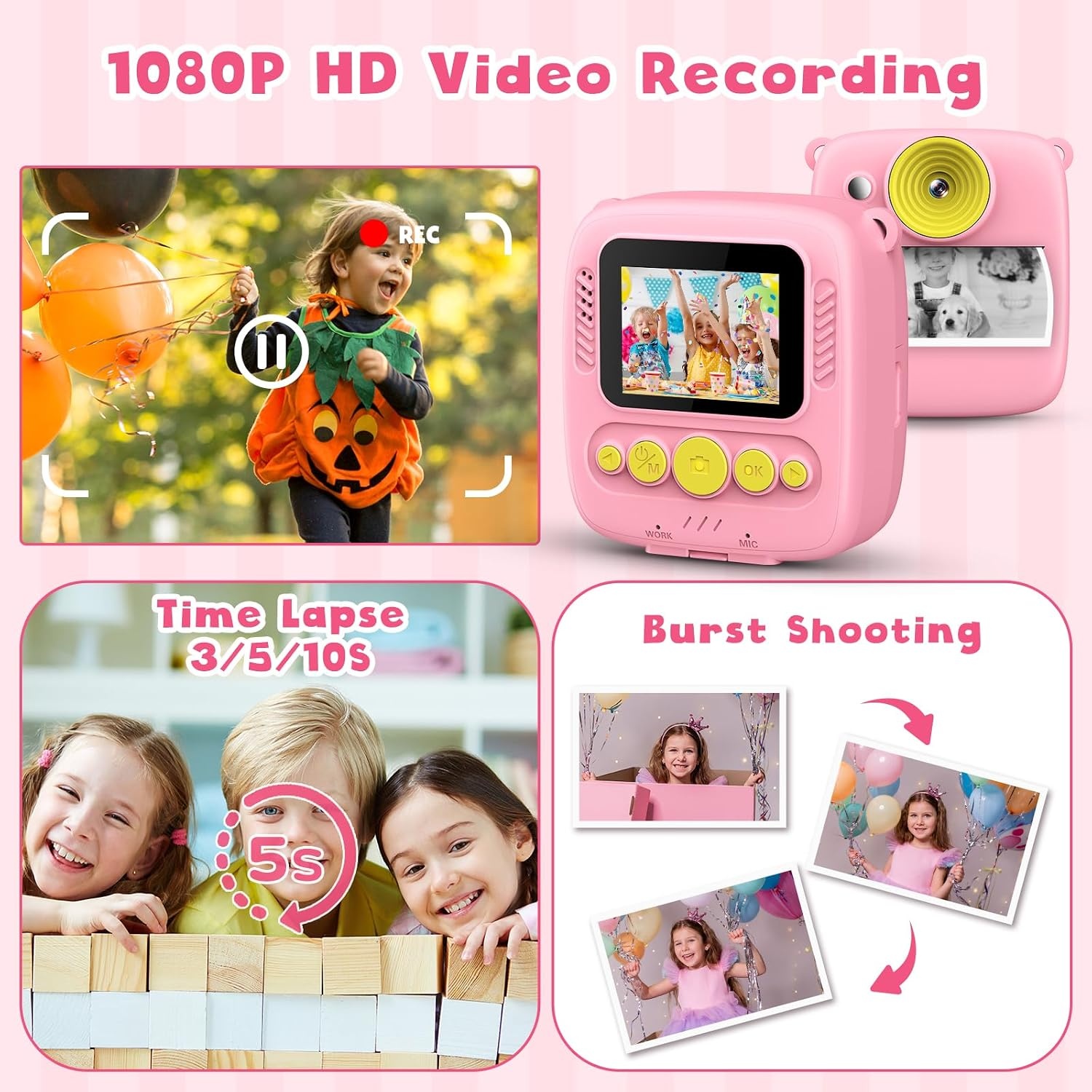 Gofunly Instant kindercamera, 1080p 2,0 inch digitale camera voor kinderen, met 32 GB kaart en fotopapier, kerstcadeau, verjaardag, voor meisjes van 3, 4, 5, 6, 7, 8, 9, 10