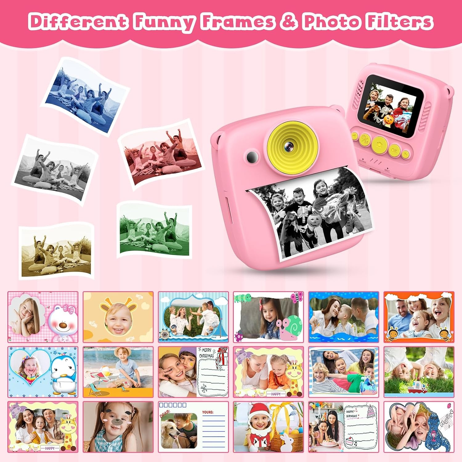 Gofunly Instant kindercamera, 1080p 2,0 inch digitale camera voor kinderen, met 32 GB kaart en fotopapier, kerstcadeau, verjaardag, voor meisjes van 3, 4, 5, 6, 7, 8, 9, 10