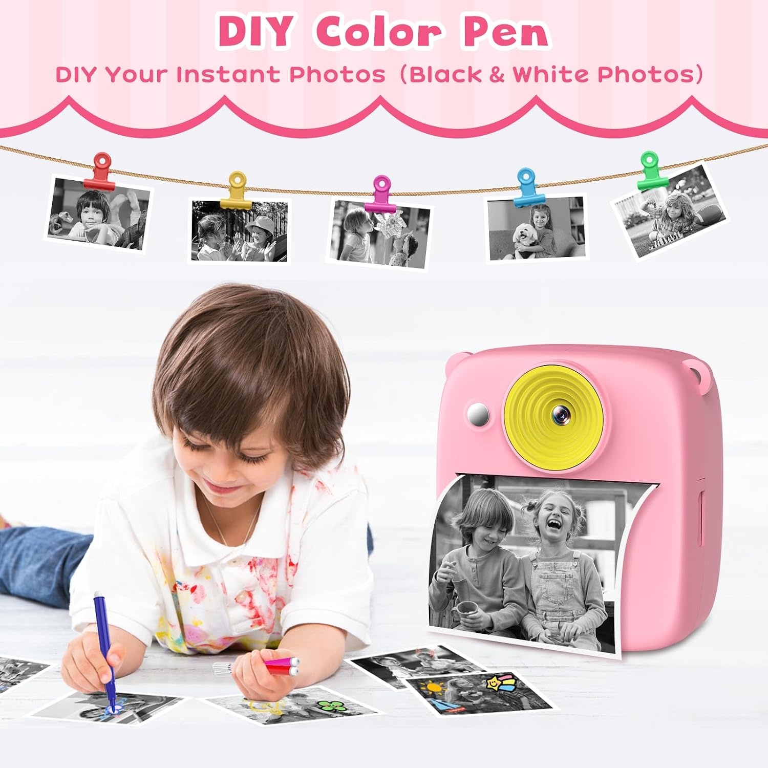 Gofunly Instant kindercamera, 1080p 2,0 inch digitale camera voor kinderen, met 32 GB kaart en fotopapier, kerstcadeau, verjaardag, voor meisjes van 3, 4, 5, 6, 7, 8, 9, 10