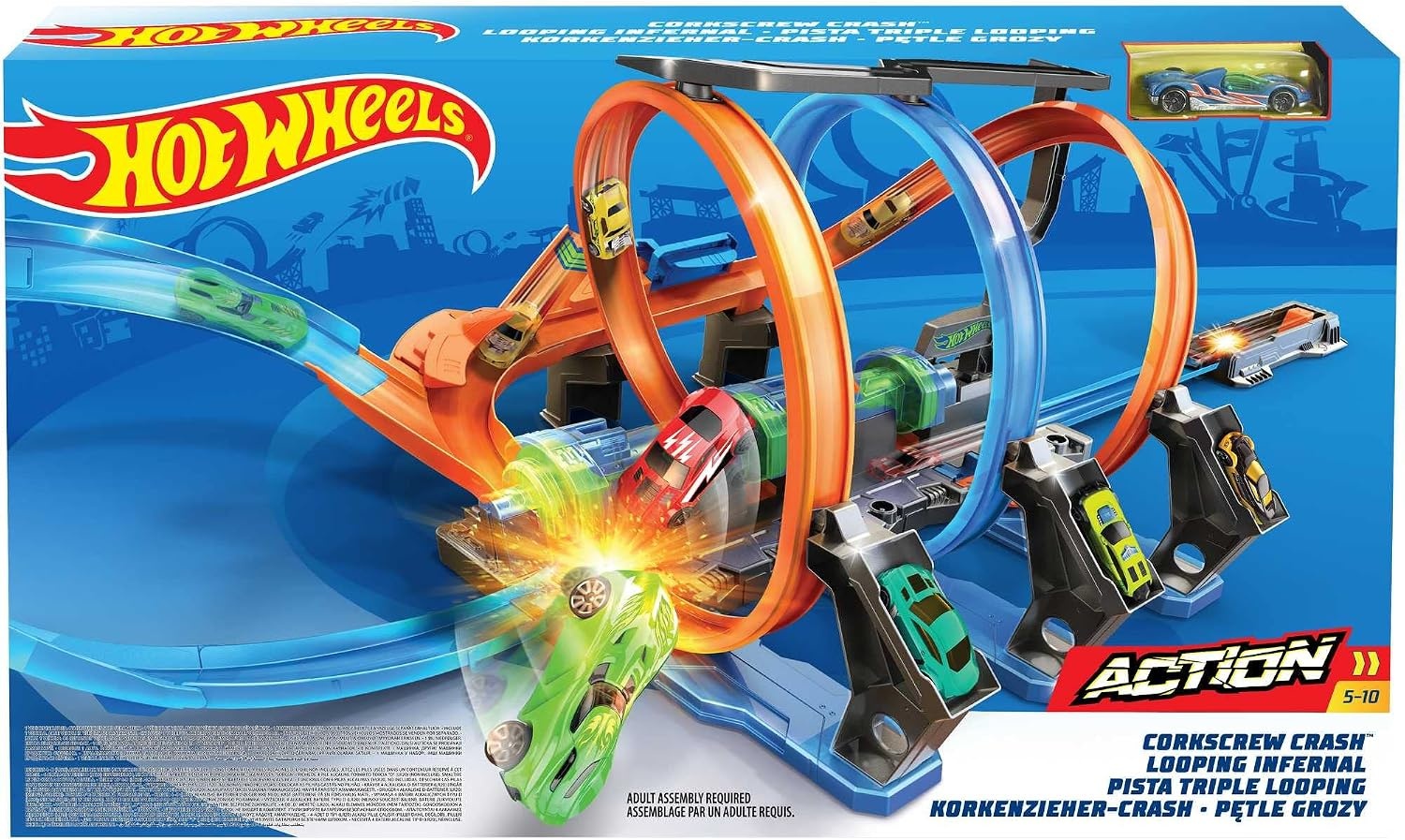 Hot Wheels Spiraal Crash Baanset met gemotoriseerde boosters, FTB65