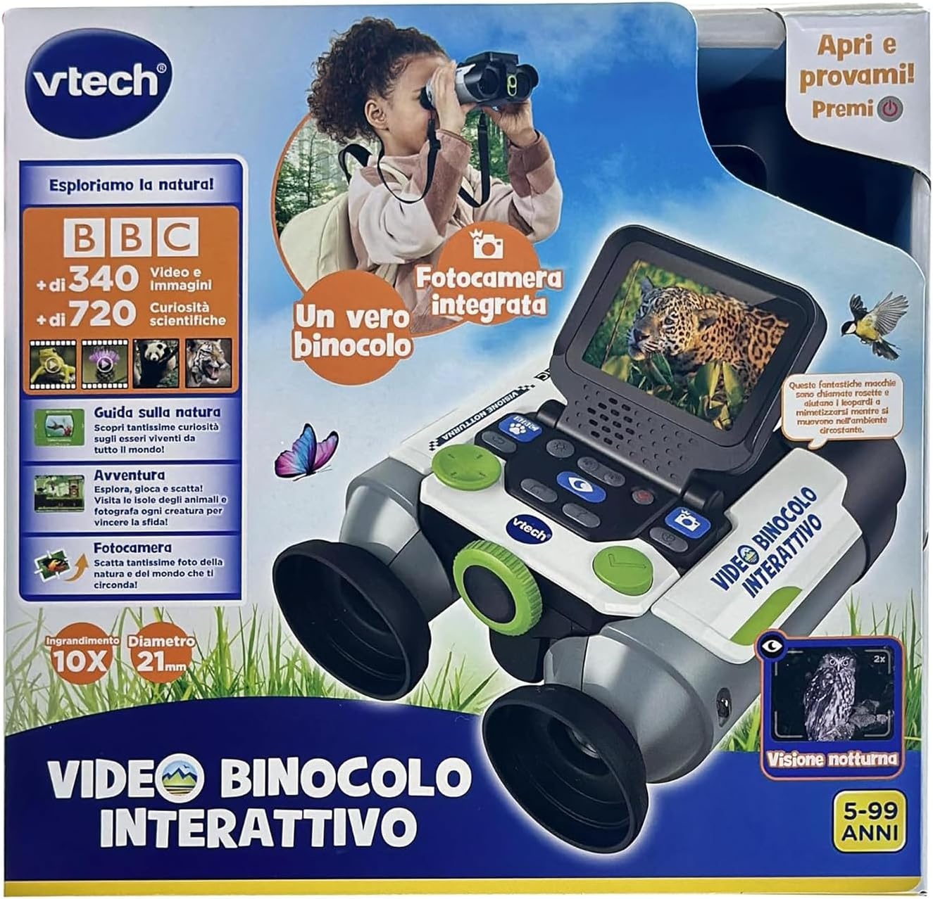 VTech Interactieve video, verrekijker voor kinderen met 6 spelmodi, lcd-kleurenscherm, meer dan 700 geïntegreerde BBC-inhoud, nachtzicht, Italiaanse taal, batterijen inbegrepen, 5-12 jaar
