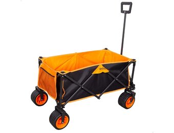 AKTIVE Opvouwbare transportwagen, strand, tuin, camping, zwart en oranje, tot 100 kg, robuuste wielen en 360° draaibare wielen met rem, meerhoekige handgreep, met tas