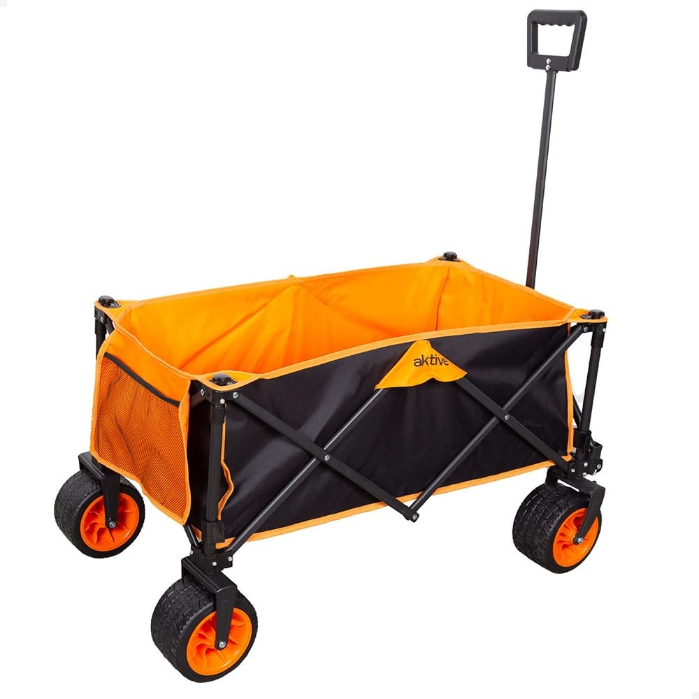 AKTIVE Opvouwbare transportwagen, strand, tuin, camping, zwart en oranje, tot 100 kg, robuuste wielen en 360° draaibare wielen met rem, meerhoekige handgreep, met tas