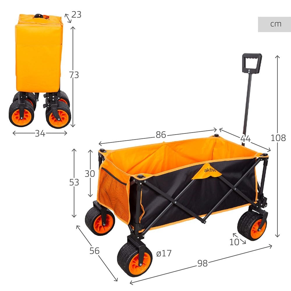 AKTIVE Opvouwbare transportwagen, strand, tuin, camping, zwart en oranje, tot 100 kg, robuuste wielen en 360° draaibare wielen met rem, meerhoekige handgreep, met tas