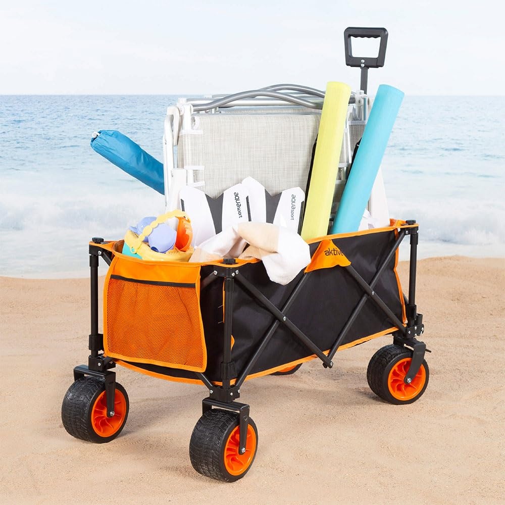 AKTIVE Opvouwbare transportwagen, strand, tuin, camping, zwart en oranje, tot 100 kg, robuuste wielen en 360° draaibare wielen met rem, meerhoekige handgreep, met tas