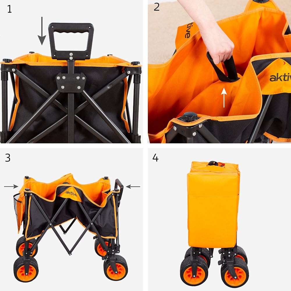AKTIVE Opvouwbare transportwagen, strand, tuin, camping, zwart en oranje, tot 100 kg, robuuste wielen en 360° draaibare wielen met rem, meerhoekige handgreep, met tas