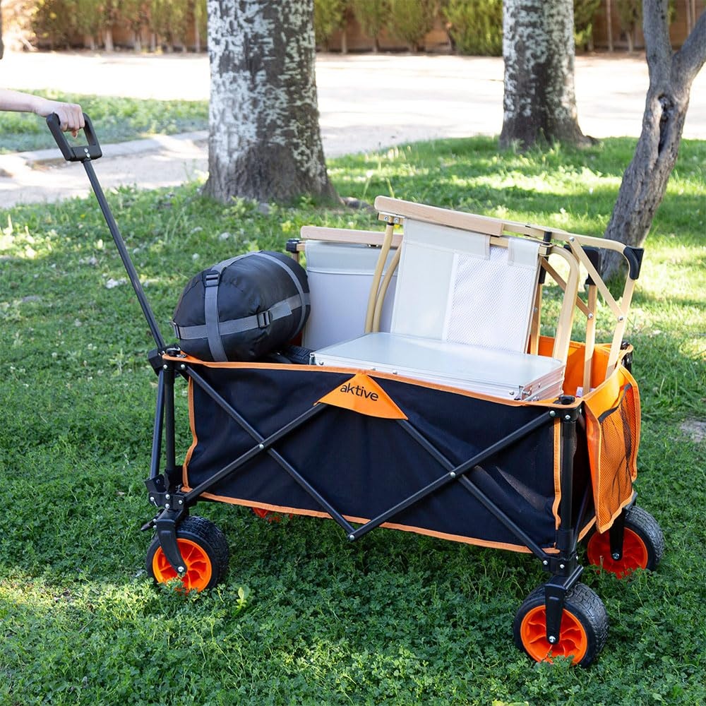 AKTIVE Opvouwbare transportwagen, strand, tuin, camping, zwart en oranje, tot 100 kg, robuuste wielen en 360° draaibare wielen met rem, meerhoekige handgreep, met tas