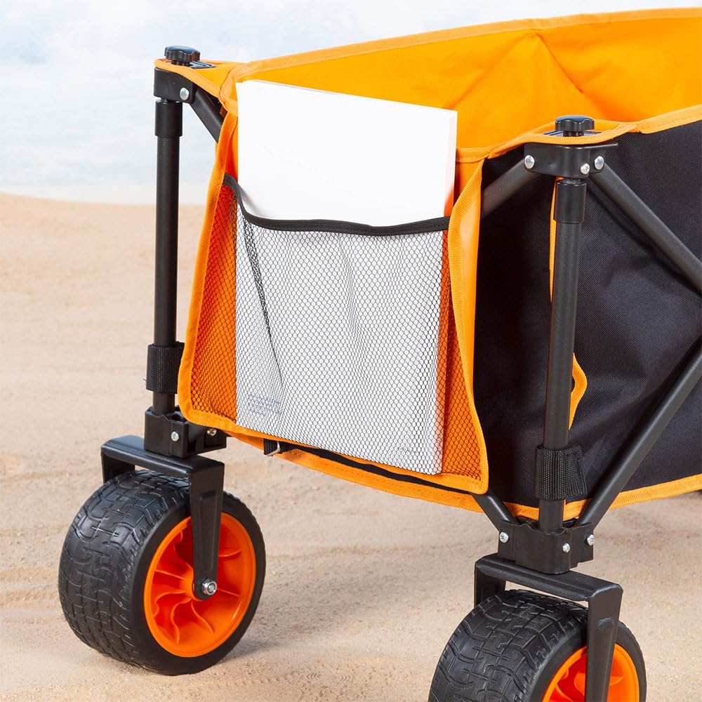 AKTIVE Opvouwbare transportwagen, strand, tuin, camping, zwart en oranje, tot 100 kg, robuuste wielen en 360° draaibare wielen met rem, meerhoekige handgreep, met tas