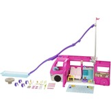 Barbie Dreamcamper speelset, met draaiende wieltjes, 7 speelplekken, zwembad, glijbaan en meer dan 60 campingaccessoires, cadeau voor kinderen van 3 jaar en ouder, HCD46, ruim 80 cm hoog