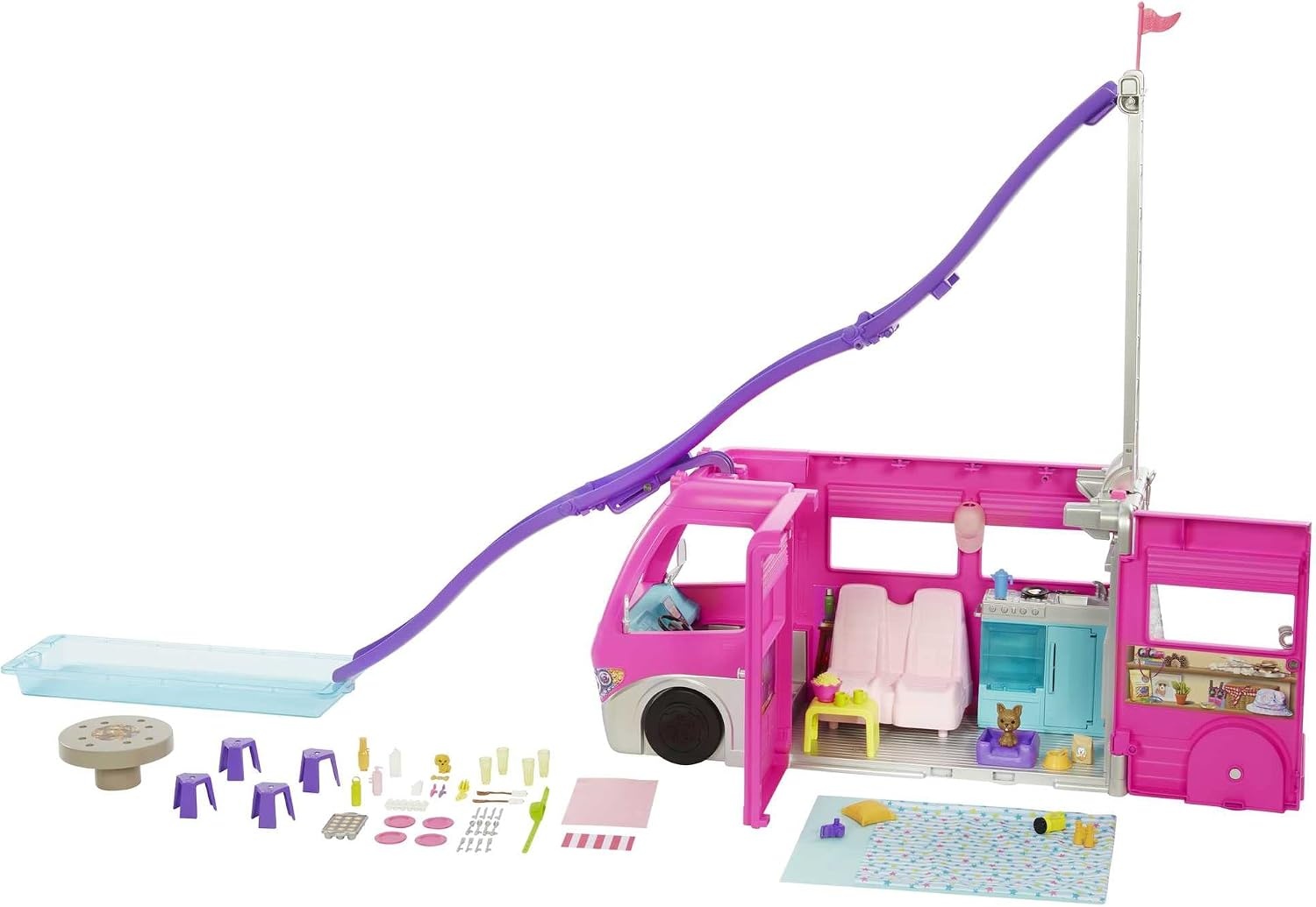 Barbie Dreamcamper speelset, met draaiende wieltjes, 7 speelplekken, zwembad, glijbaan en meer dan 60 campingaccessoires, cadeau voor kinderen van 3 jaar en ouder, HCD46, ruim 80 cm hoog