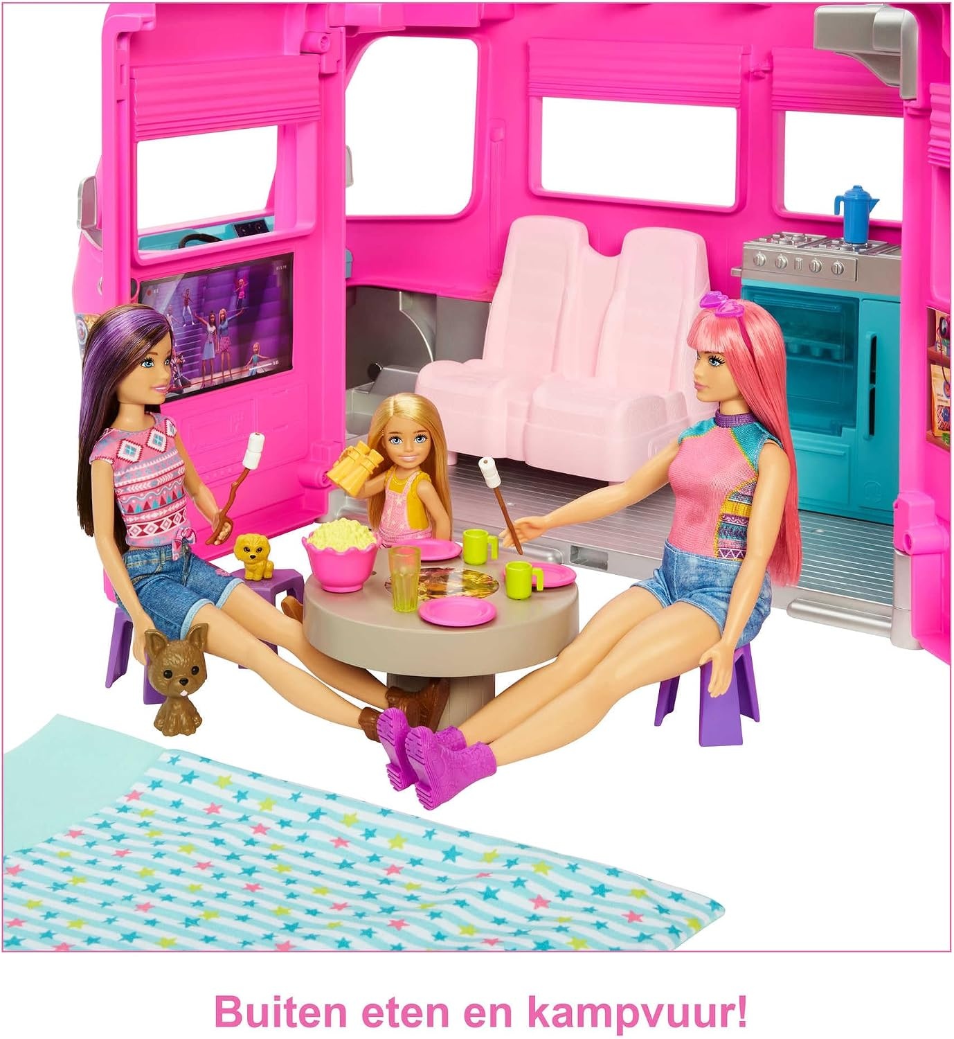 Barbie Dreamcamper speelset, met draaiende wieltjes, 7 speelplekken, zwembad, glijbaan en meer dan 60 campingaccessoires, cadeau voor kinderen van 3 jaar en ouder, HCD46, ruim 80 cm hoog