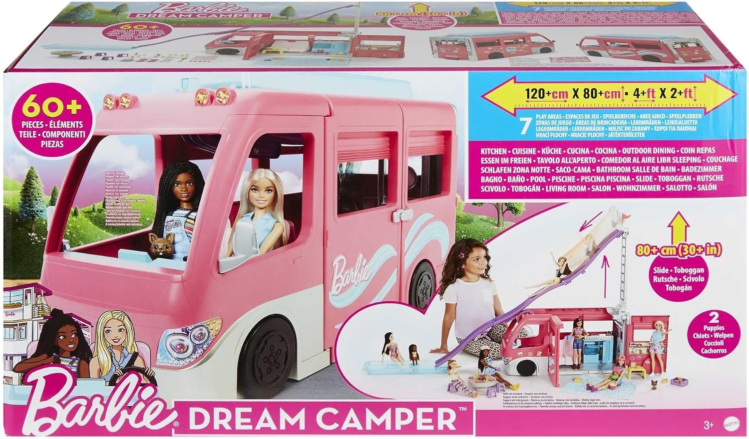 Barbie Dreamcamper speelset, met draaiende wieltjes, 7 speelplekken, zwembad, glijbaan en meer dan 60 campingaccessoires, cadeau voor kinderen van 3 jaar en ouder, HCD46, ruim 80 cm hoog