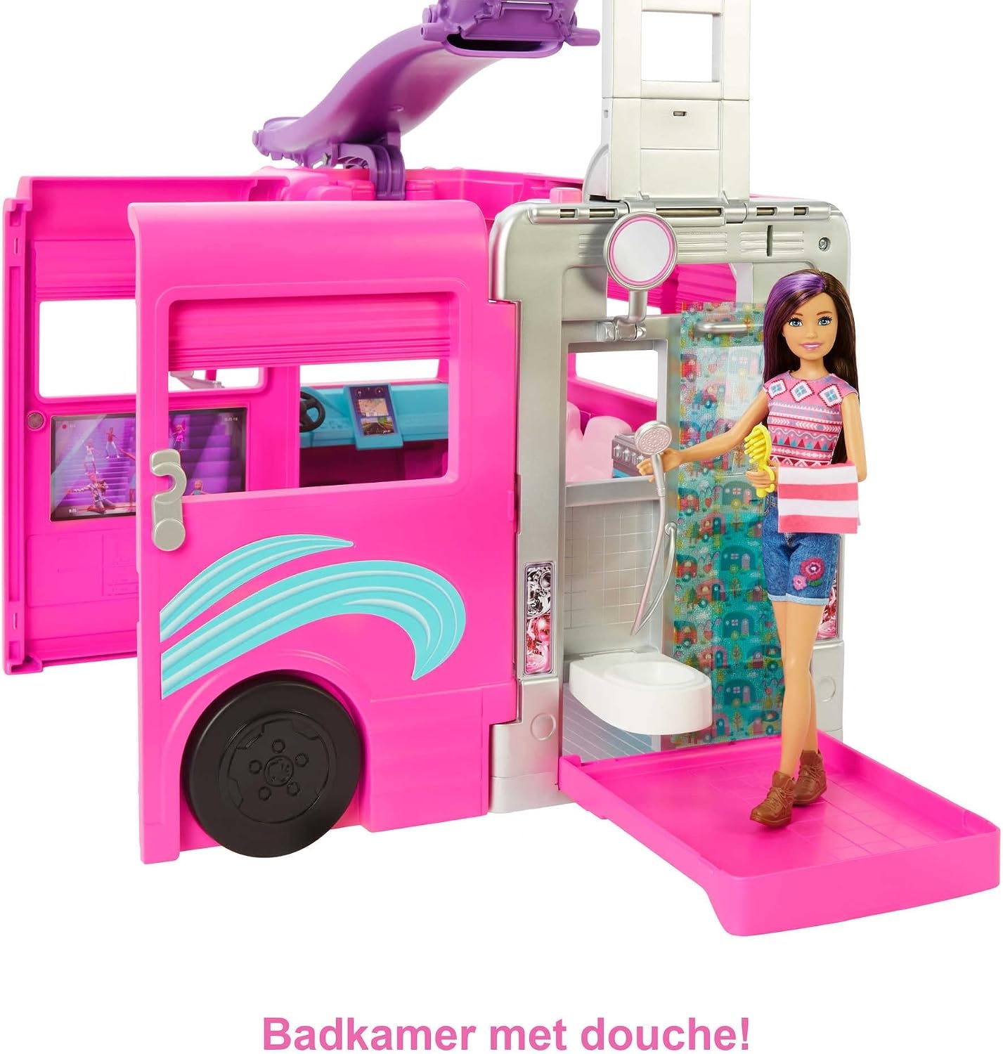 Barbie Dreamcamper speelset, met draaiende wieltjes, 7 speelplekken, zwembad, glijbaan en meer dan 60 campingaccessoires, cadeau voor kinderen van 3 jaar en ouder, HCD46, ruim 80 cm hoog