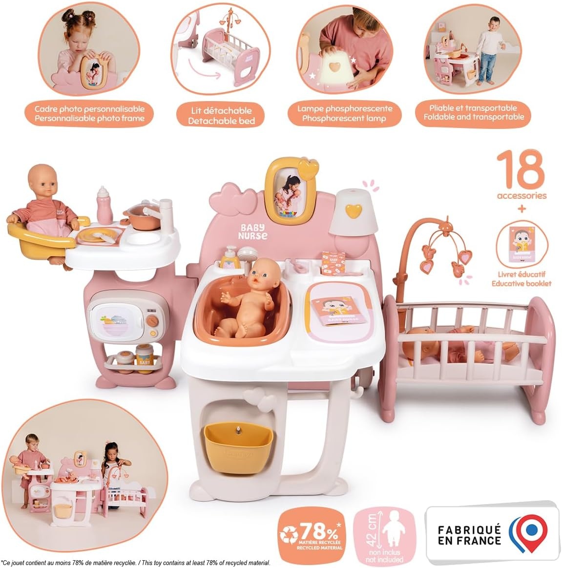 Smoby - Baby Nurse - Groot babyhuis - Voor baby's tot 42 cm - 3 speelplekken - 19 accessoires - Opvouwbaar en transporteerbaar - Gerecycled materiaal - Vanaf 3 jaar - Gemaakt in Frankrijk
