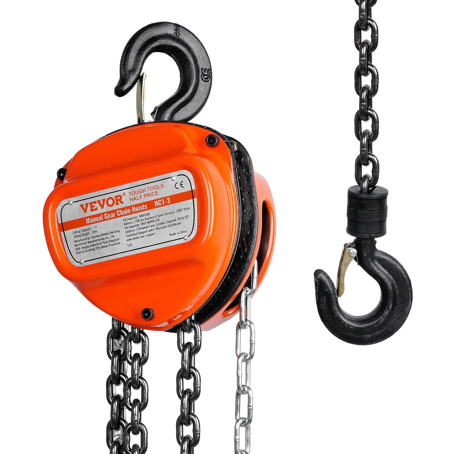 VEVOR Manual Chain Hoist 1T Pull Chain with Block Hook 360° Lifting Height 5.6m Alloy Steel G80 Chain Guide with Double Ratchet Brake for Garages