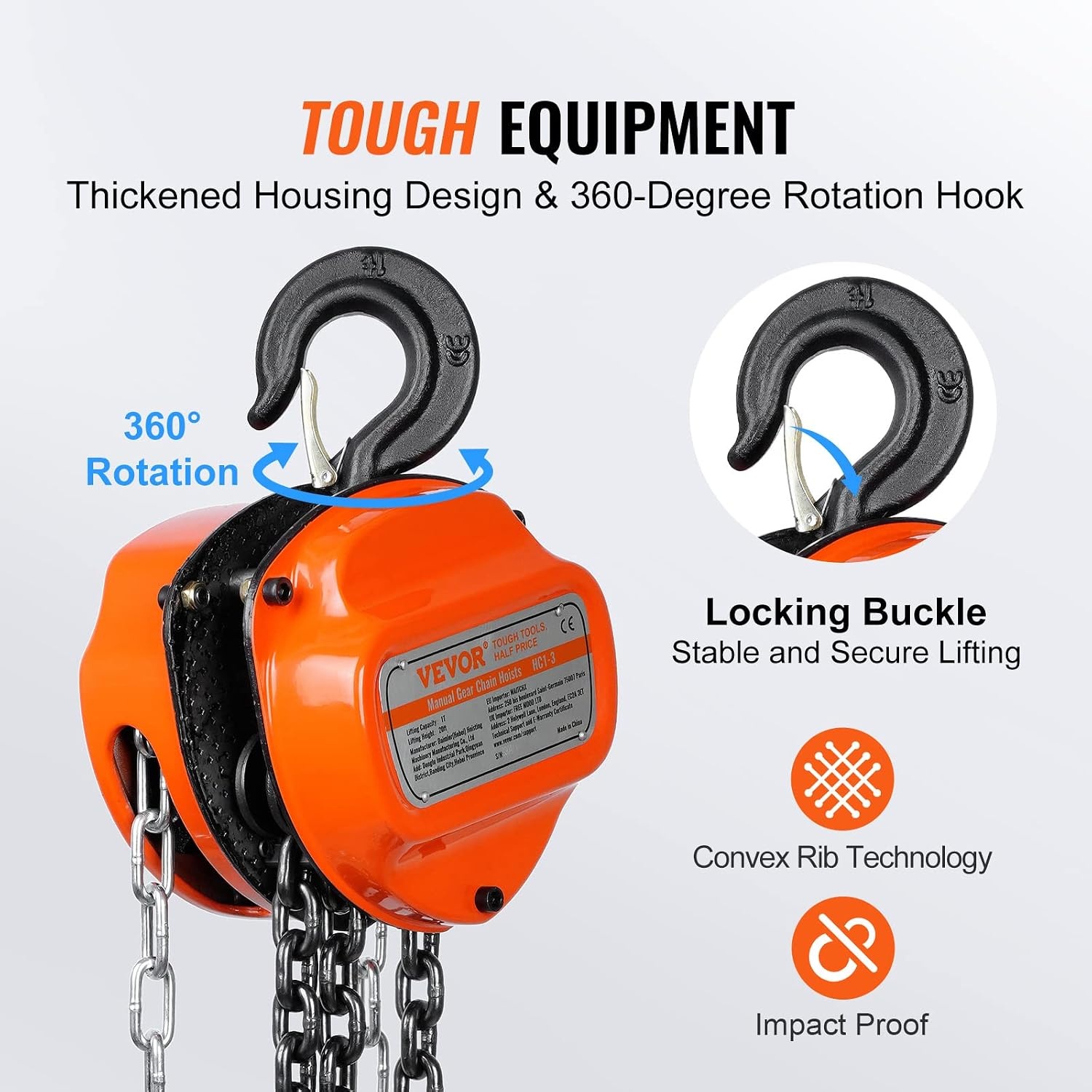 VEVOR Manual Chain Hoist 1T Pull Chain with Block Hook 360° Lifting Height 5.6m Alloy Steel G80 Chain Guide with Double Ratchet Brake for Garages