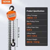 VEVOR Manual Chain Hoist 1T Pull Chain with Block Hook 360° Lifting Height 5.6m Alloy Steel G80 Chain Guide with Double Ratchet Brake for Garages