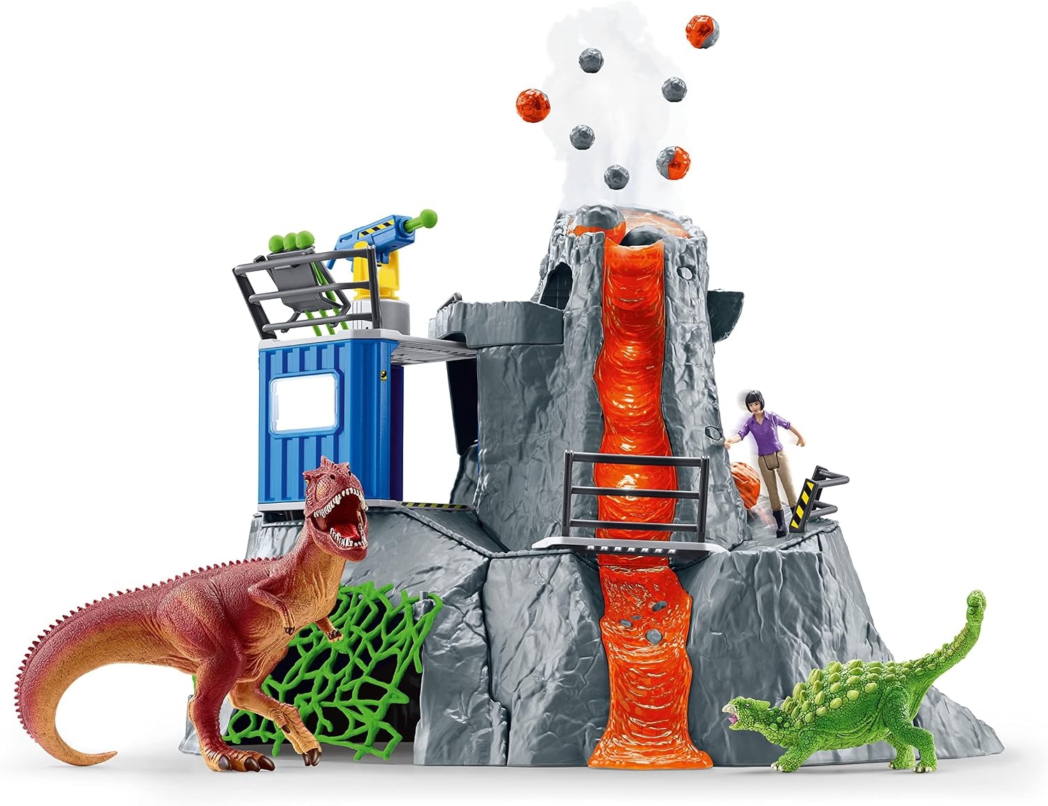 Schleich 42564 DINOSAURS Grote vulkaanexpeditie, dinosaurus-speelgoedset incl. vulkaan met LED-licht & uitbarstfunctie, onderzoeksfiguur & 2 dinosaurusfiguren, aanbevolen leeftijd: 5-12 jaar