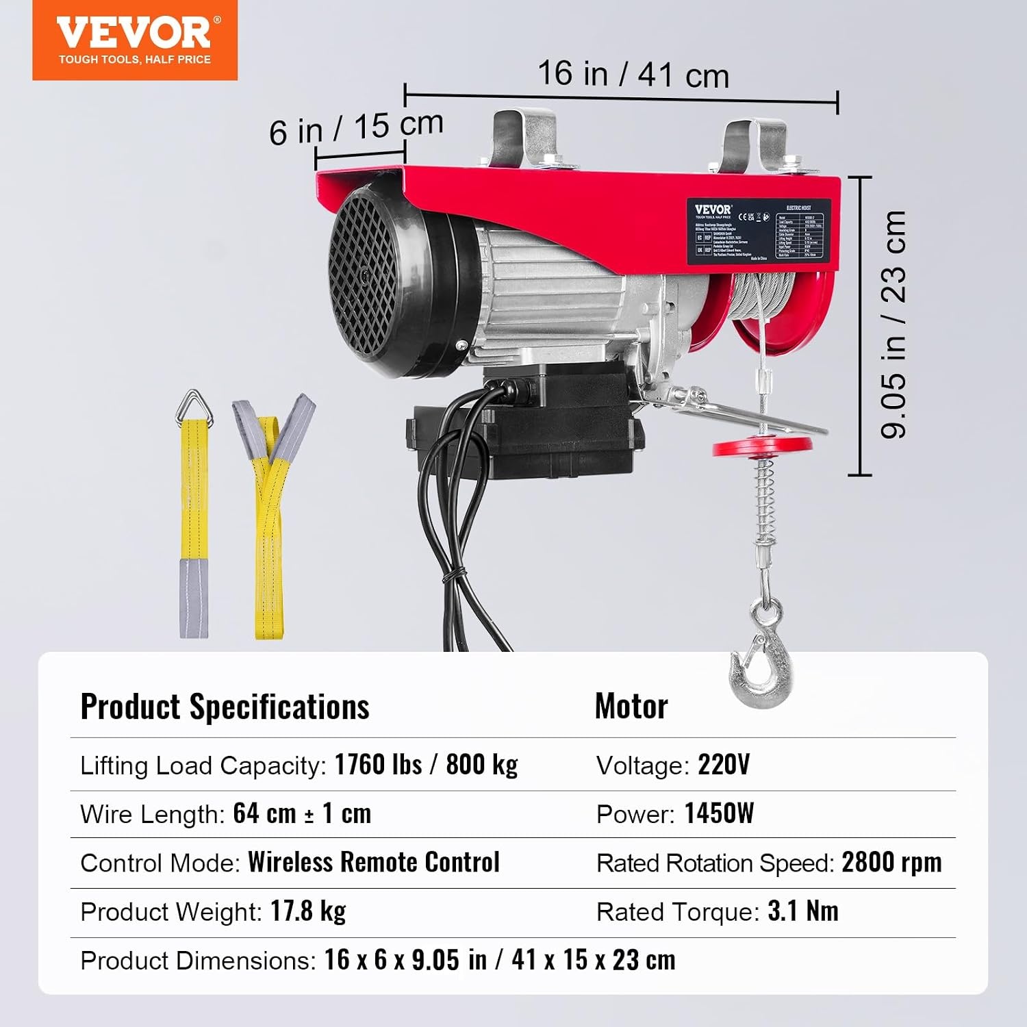 VEVOR Elektrische lier 400 kg tot 800 kg hefhoogte 12 m kabel motorlier 1450 W koperen motor katrol 10 m/min hefsnelheid lift met draadloze afstandsbediening kabellift kettingtakel