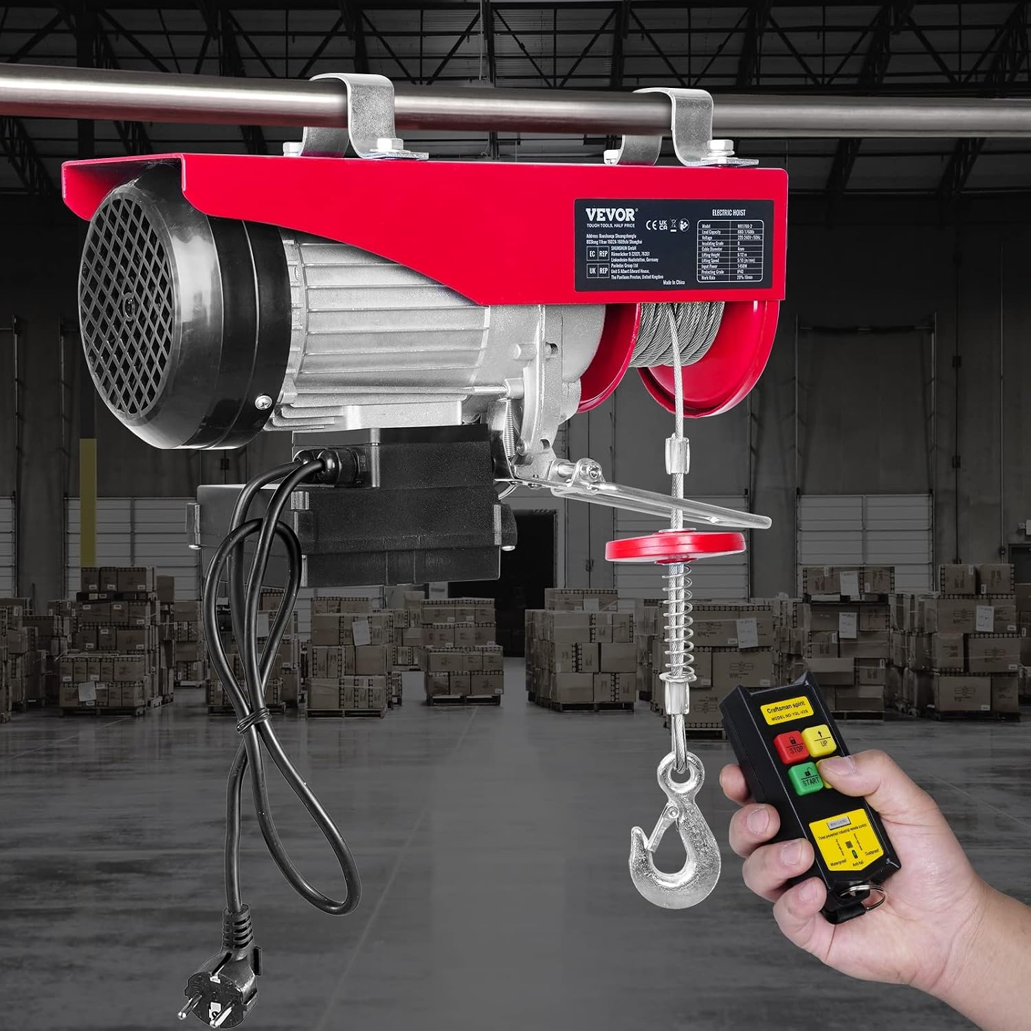 VEVOR Elektrische lier 400 kg tot 800 kg hefhoogte 12 m kabel motorlier 1450 W koperen motor katrol 10 m/min hefsnelheid lift met draadloze afstandsbediening kabellift kettingtakel