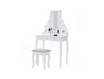 Houten kaptafel - met lade - spiegel - led - kruk - 147x80x40cm