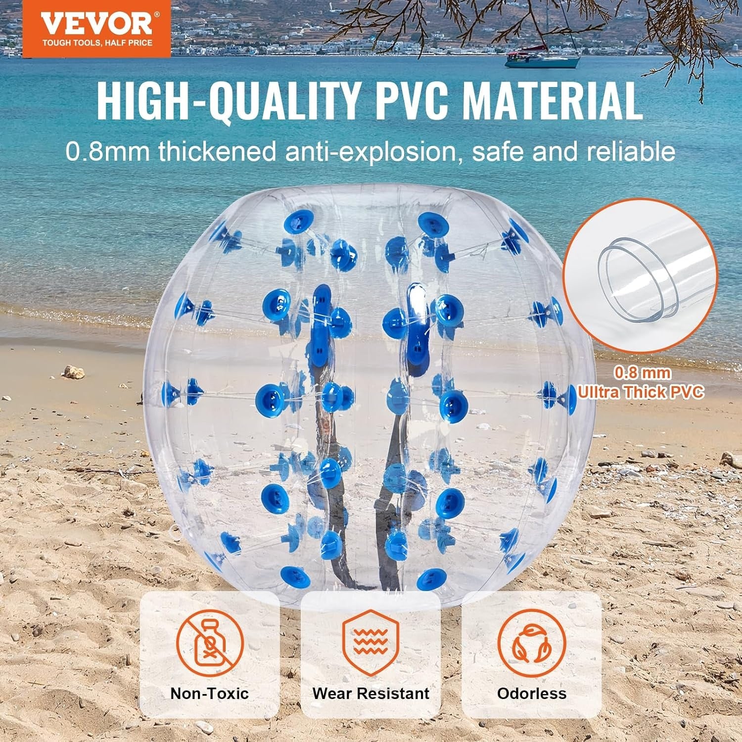 VEVOR Opblaasbare Bump Bal Bumper Bumper Bumper 1 st. 1,2 m x 1,03 m, Menselijke botsingsbal, PVC-lichaams-blaas-bouncebal voor buitenactiviteiten, transparant + blauwe stippen opblaasbare bumper bal