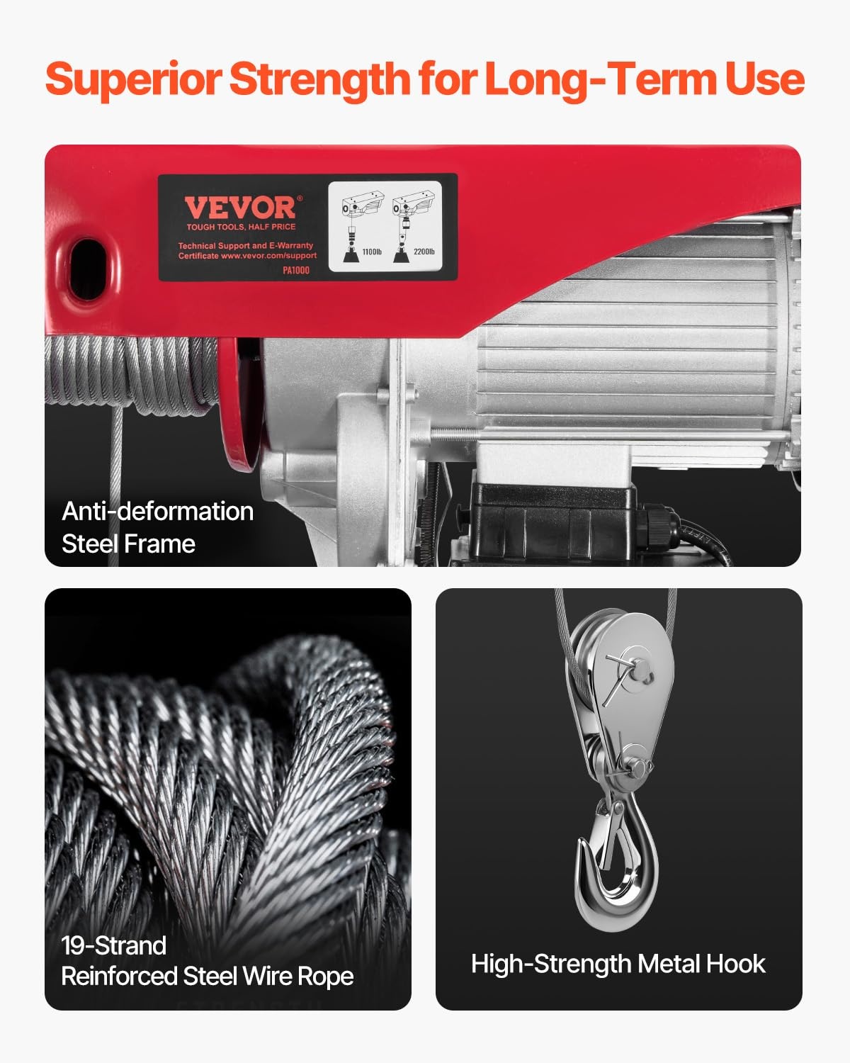 VEVOR Elektrische hendel, dubbele kabel, max. belasting 1000 kg, kabelafstandsbediening 4,2 m, hoogte enkele kabel 12 m, katrol noodstop, krik voor garage, magazijn, fabriek
