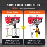 VEVOR Elektrische lier 300 kg tot 600 kg hefhoogte 12 m kabel motorlier 1150 W koperen motor katrol 10 m/min hefsnelheid lift met kabelafstandsbediening kabellift kettingtakel