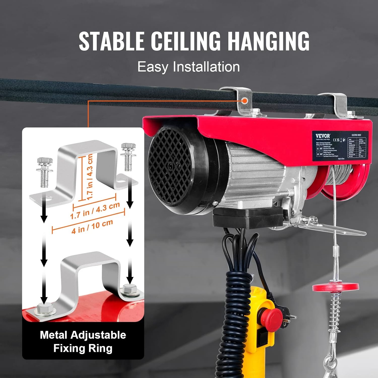 VEVOR Elektrische lier 300 kg tot 600 kg hefhoogte 12 m kabel motorlier 1150 W koperen motor katrol 10 m/min hefsnelheid lift met kabelafstandsbediening kabellift kettingtakel