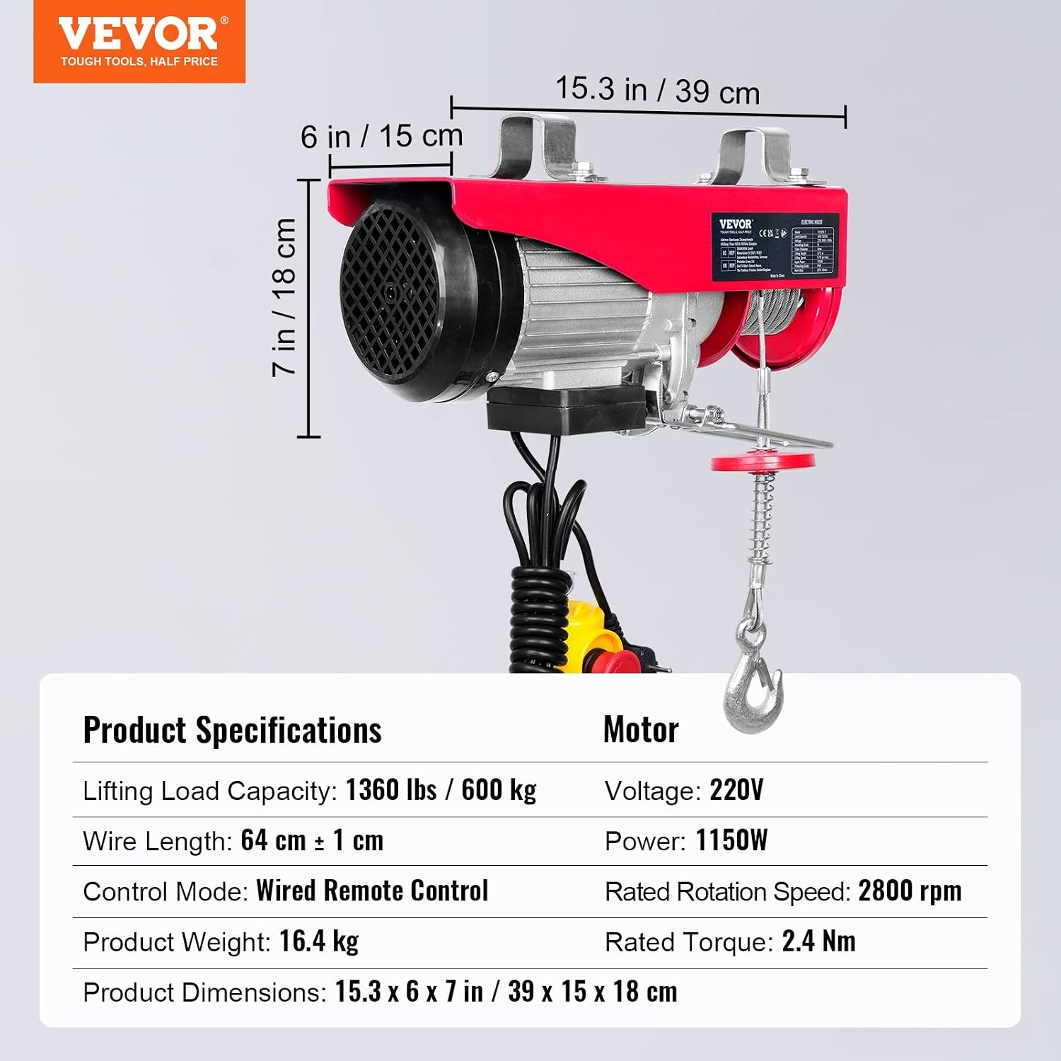 VEVOR Elektrische lier 300 kg tot 600 kg hefhoogte 12 m kabel motorlier 1150 W koperen motor katrol 10 m/min hefsnelheid lift met kabelafstandsbediening kabellift kettingtakel