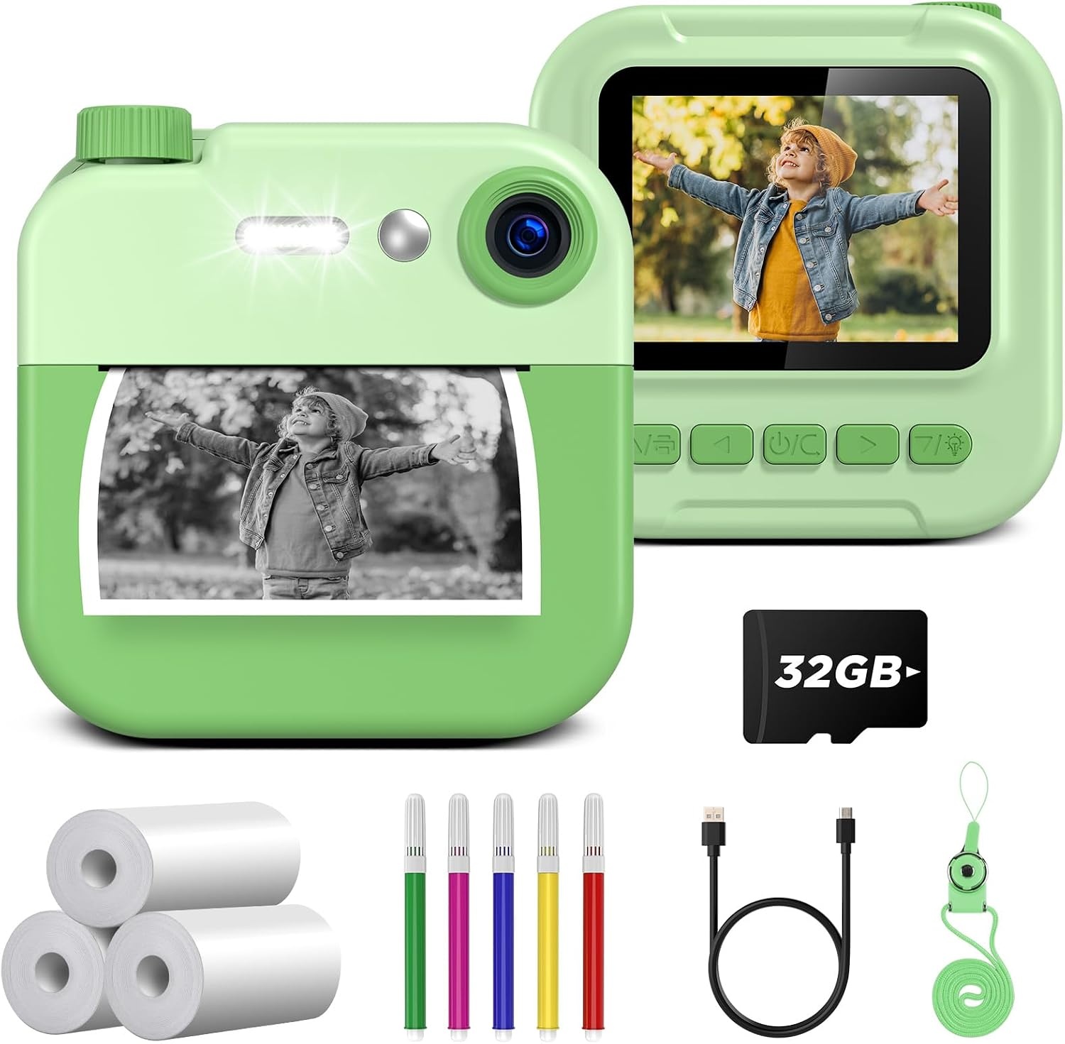 GREENKINDER Instant Camera voor Kinderen - Groen - 2.4 Inch - 32GB SD Kaart