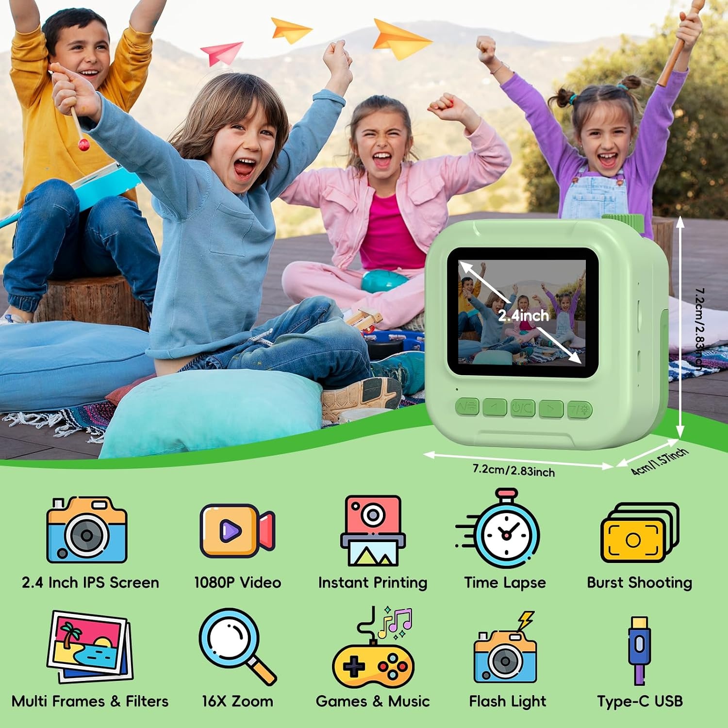 GREENKINDER Instant Camera voor Kinderen - Groen - 2.4 Inch - 32GB SD Kaart