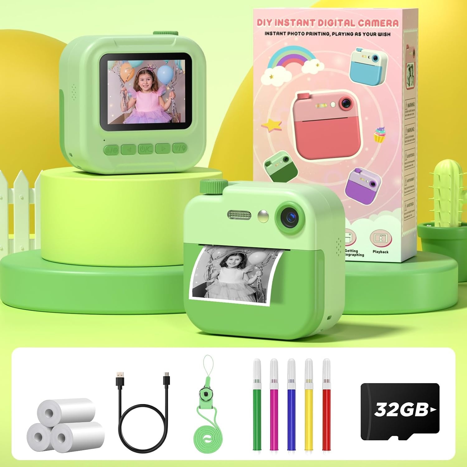 GREENKINDER Instant Camera voor Kinderen - Groen - 2.4 Inch - 32GB SD Kaart