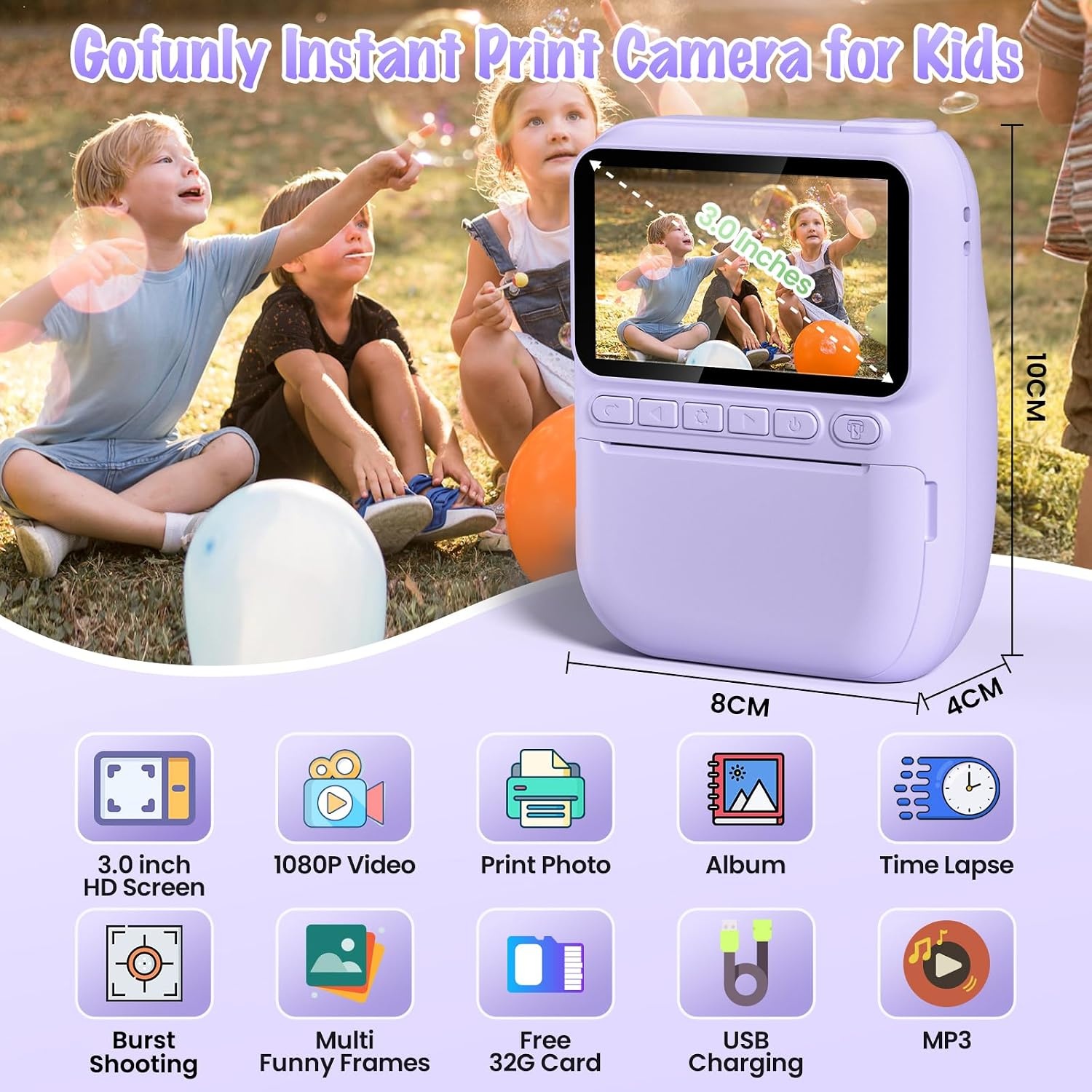 Gofunly Instant camera voor kinderen, 3,0 inch scherm, kindercamera, onmiddellijke camera met 32 GB kaart en printpapier, 14 MP/1080P camera voor kinderen, onmiddellijke druk, cadeau voor 3-12 jaar