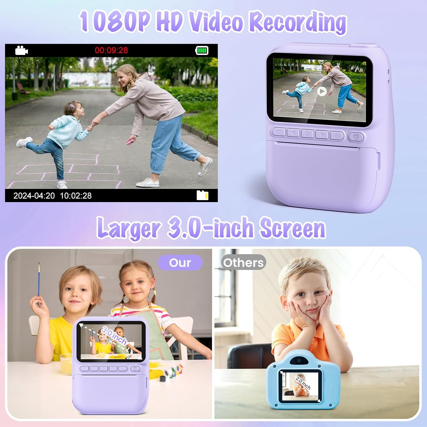 Gofunly Instant camera voor kinderen, 3,0 inch scherm, kindercamera, onmiddellijke camera met 32 GB kaart en printpapier, 14 MP/1080P camera voor kinderen, onmiddellijke druk, cadeau voor 3-12 jaar