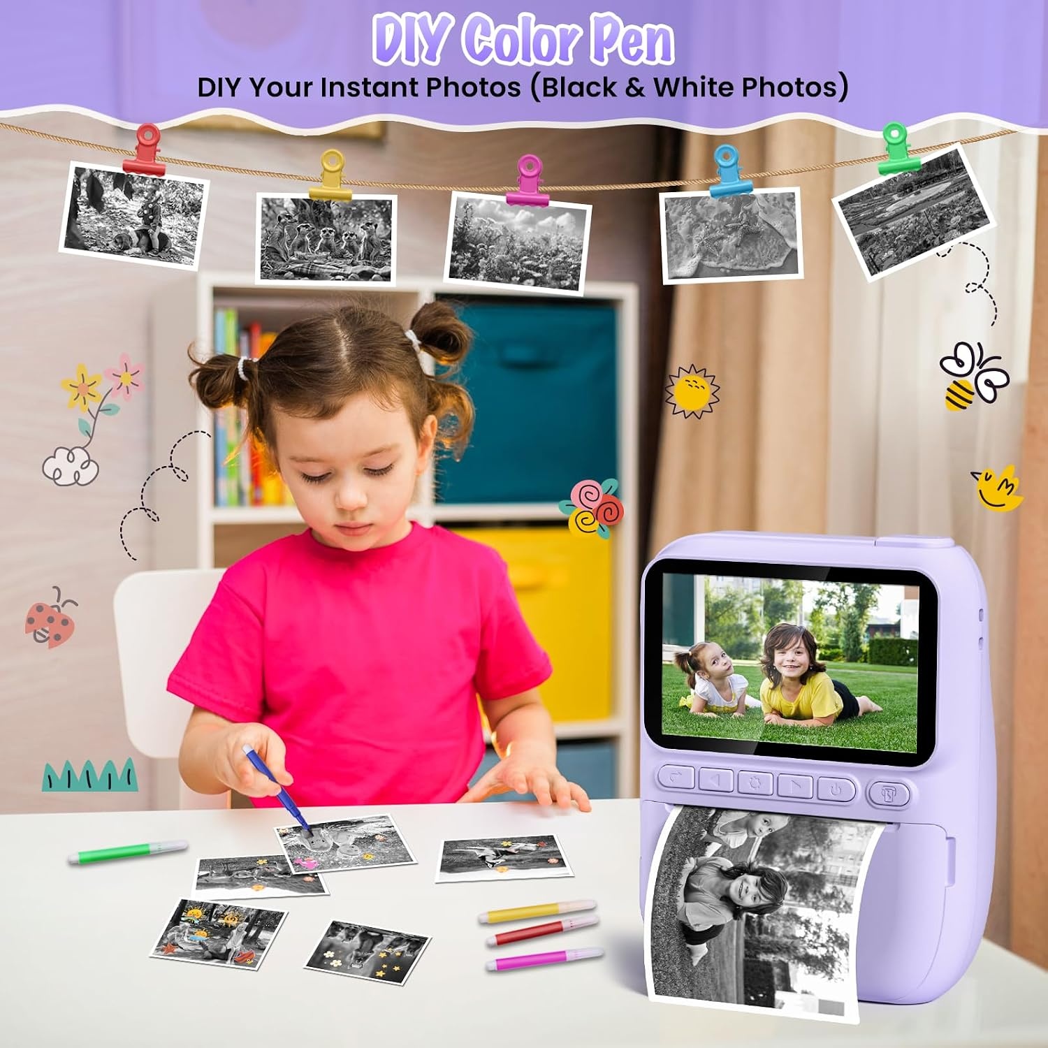 Gofunly Instant camera voor kinderen, 3,0 inch scherm, kindercamera, onmiddellijke camera met 32 GB kaart en printpapier, 14 MP/1080P camera voor kinderen, onmiddellijke druk, cadeau voor 3-12 jaar