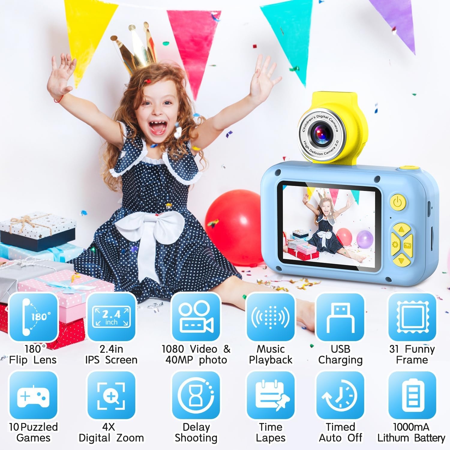 ARNSSIEN Kids Camera with 180° Rotating Lens & 1080P HD,2.4" Large Screen | Kids Digital Camera for Boys and Girls 3-12 Years,Pictures/Videos,Kids Photo Camera Birthday Gift,X101