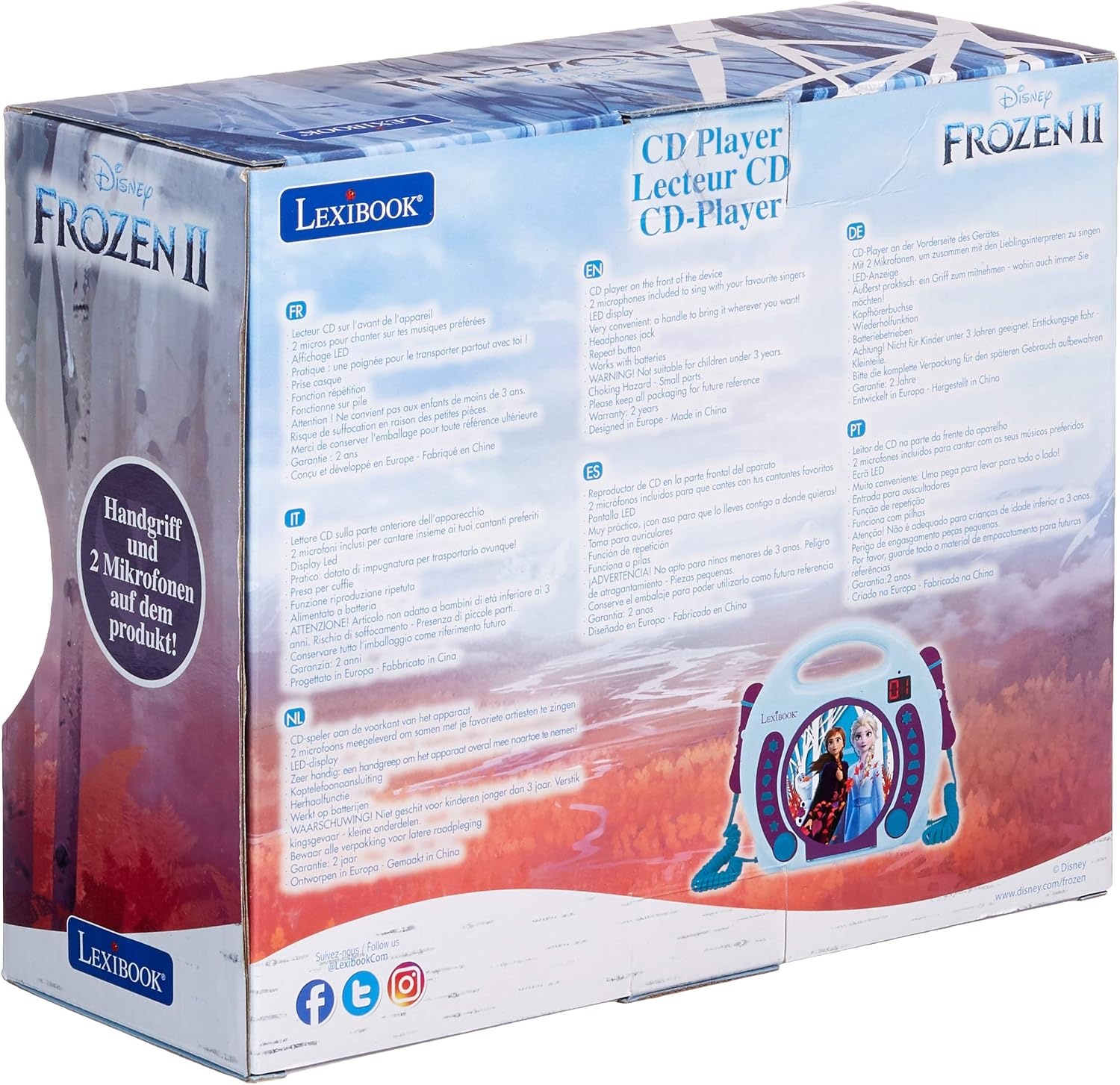 Lexibook, Frozen, draagbare CD-speler met microfoons, muziekspeler, herhalen en programmeren, karaoke, hoofdtelefoonaansluiting, blauw/paars, RCDK100FZ