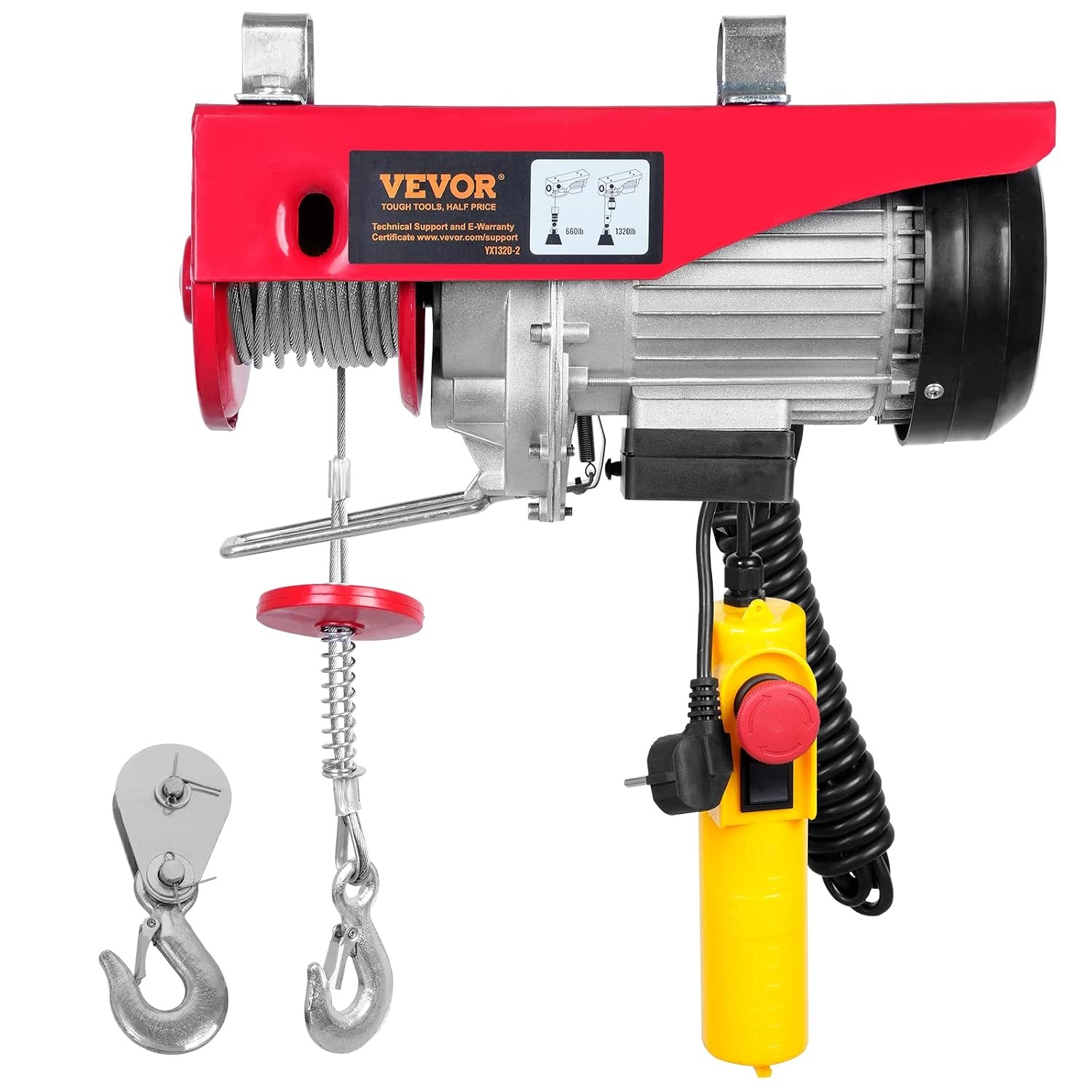 VEVOR Elektrische lier 300 kg tot 600 kg hefhoogte 12 m kabel motorlier 1150 W koperen motor katrol 10 m/min hefsnelheid lift met kabelafstandsbediening kabellift kettingtakel