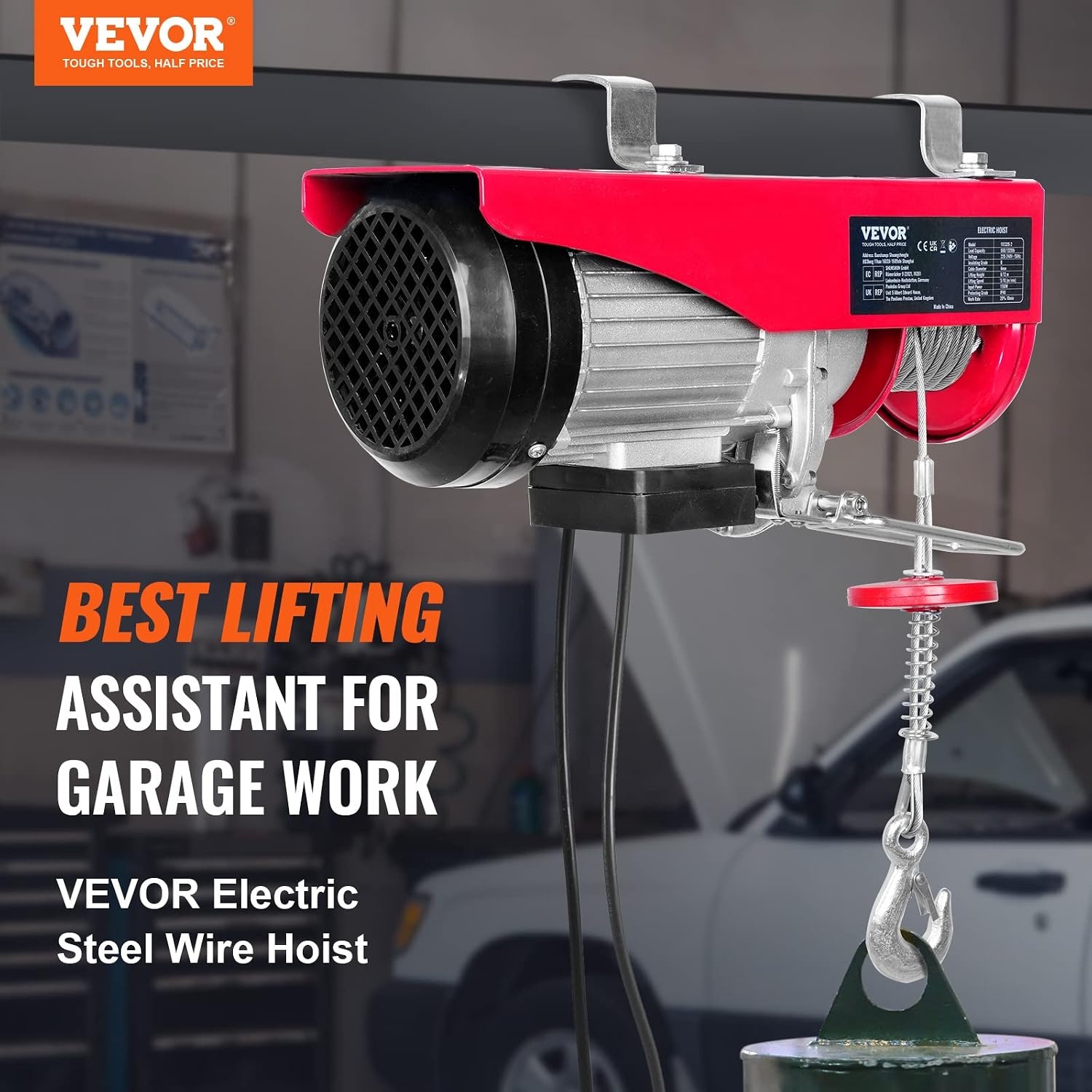 VEVOR Elektrische lier 300 kg tot 600 kg hefhoogte 12 m kabel motorlier 1150 W koperen motor katrol 10 m/min hefsnelheid lift met kabelafstandsbediening kabellift kettingtakel