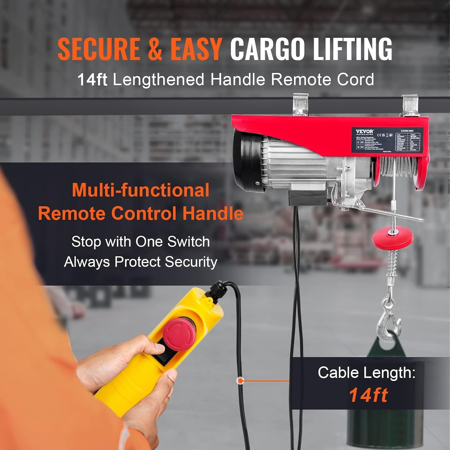 VEVOR Elektrische lier 300 kg tot 600 kg hefhoogte 12 m kabel motorlier 1150 W koperen motor katrol 10 m/min hefsnelheid lift met kabelafstandsbediening kabellift kettingtakel