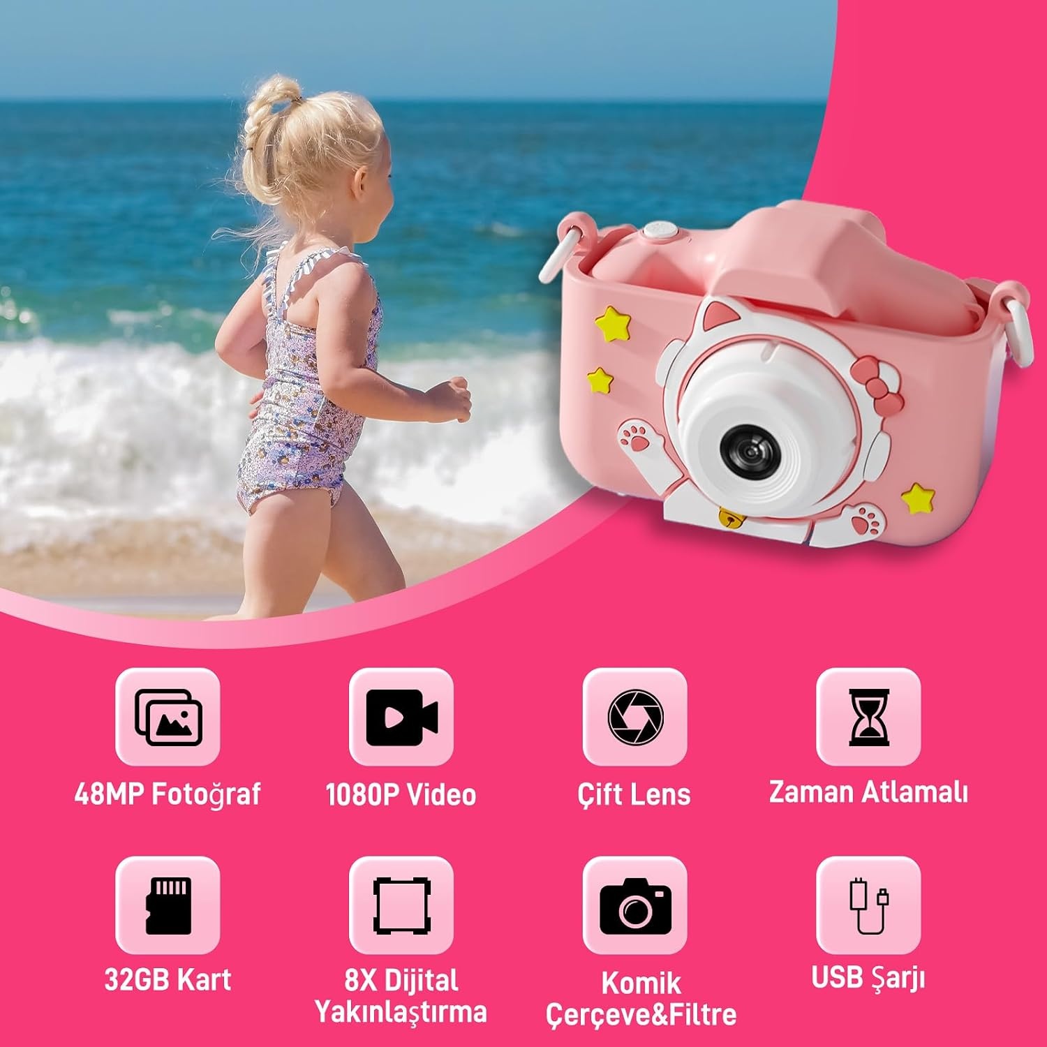 Kindercamera met 48MP Dual Lens, 1080P Video en 32GB SD-kaart