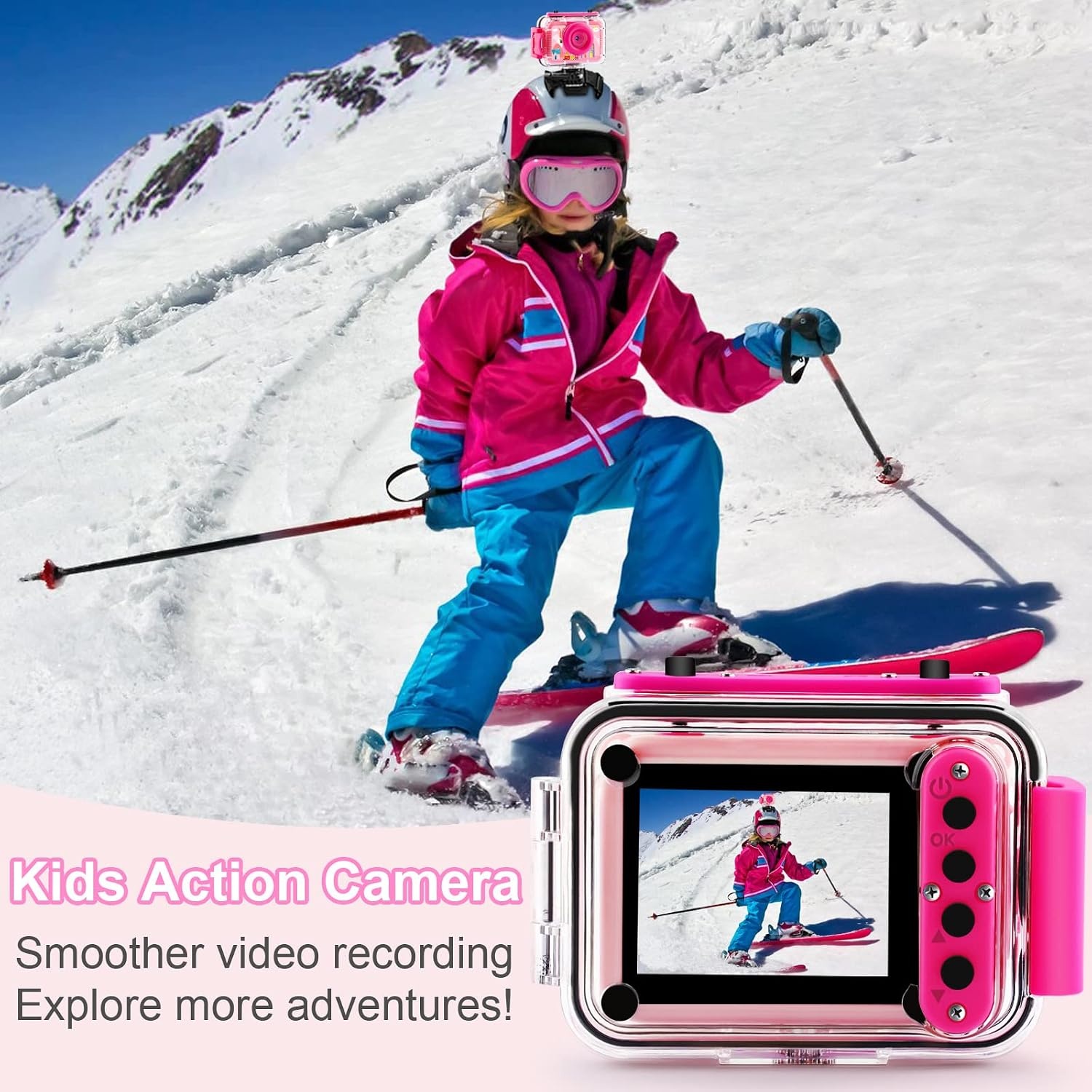 GKTZ Waterdichte Actiecamera voor Kinderen - 12MP - 1080P - Inclusief 32GB SD-kaart - Roze