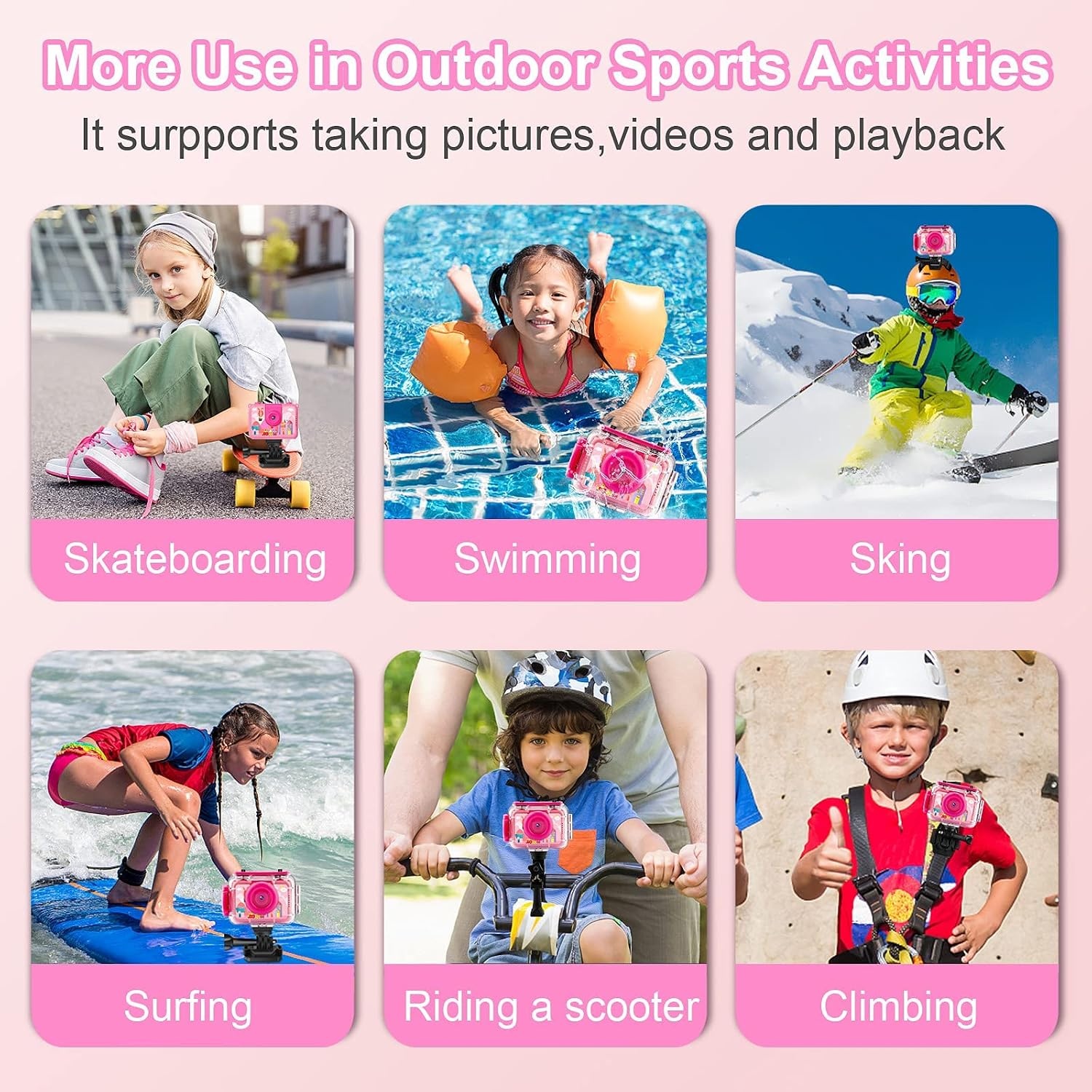 GKTZ Waterdichte Actiecamera voor Kinderen - 12MP - 1080P - Inclusief 32GB SD-kaart - Roze