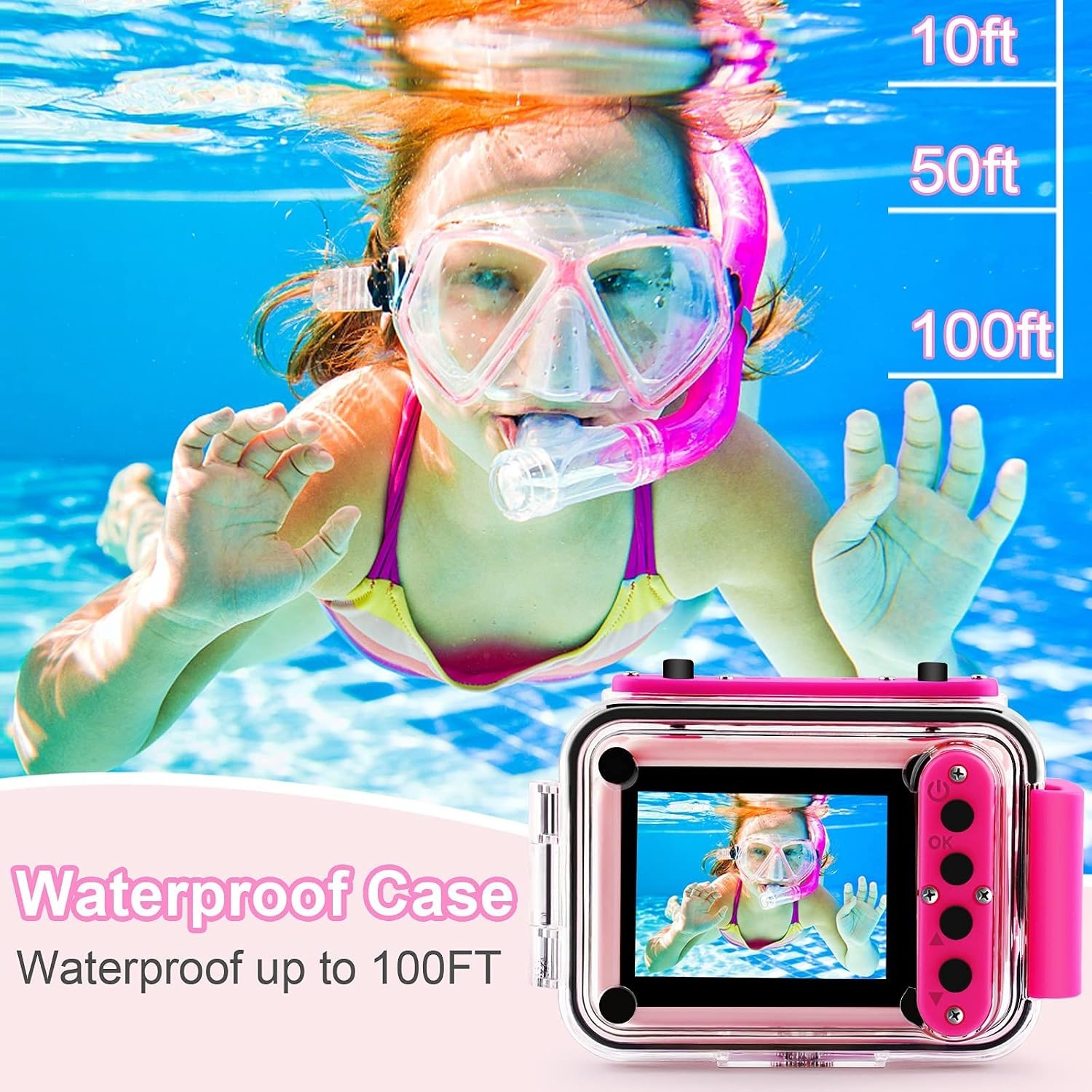 GKTZ Waterdichte Actiecamera voor Kinderen - 12MP - 1080P - Inclusief 32GB SD-kaart - Roze