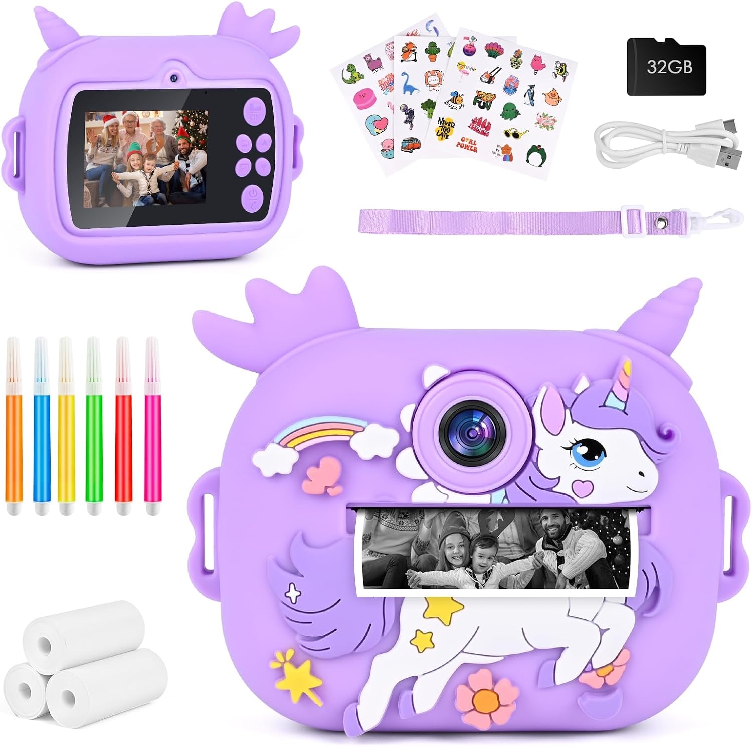 GuKKK Kindercamera met Directe Printfunctie - Lila - Inclusief 32GB SD-kaart en Accessoires