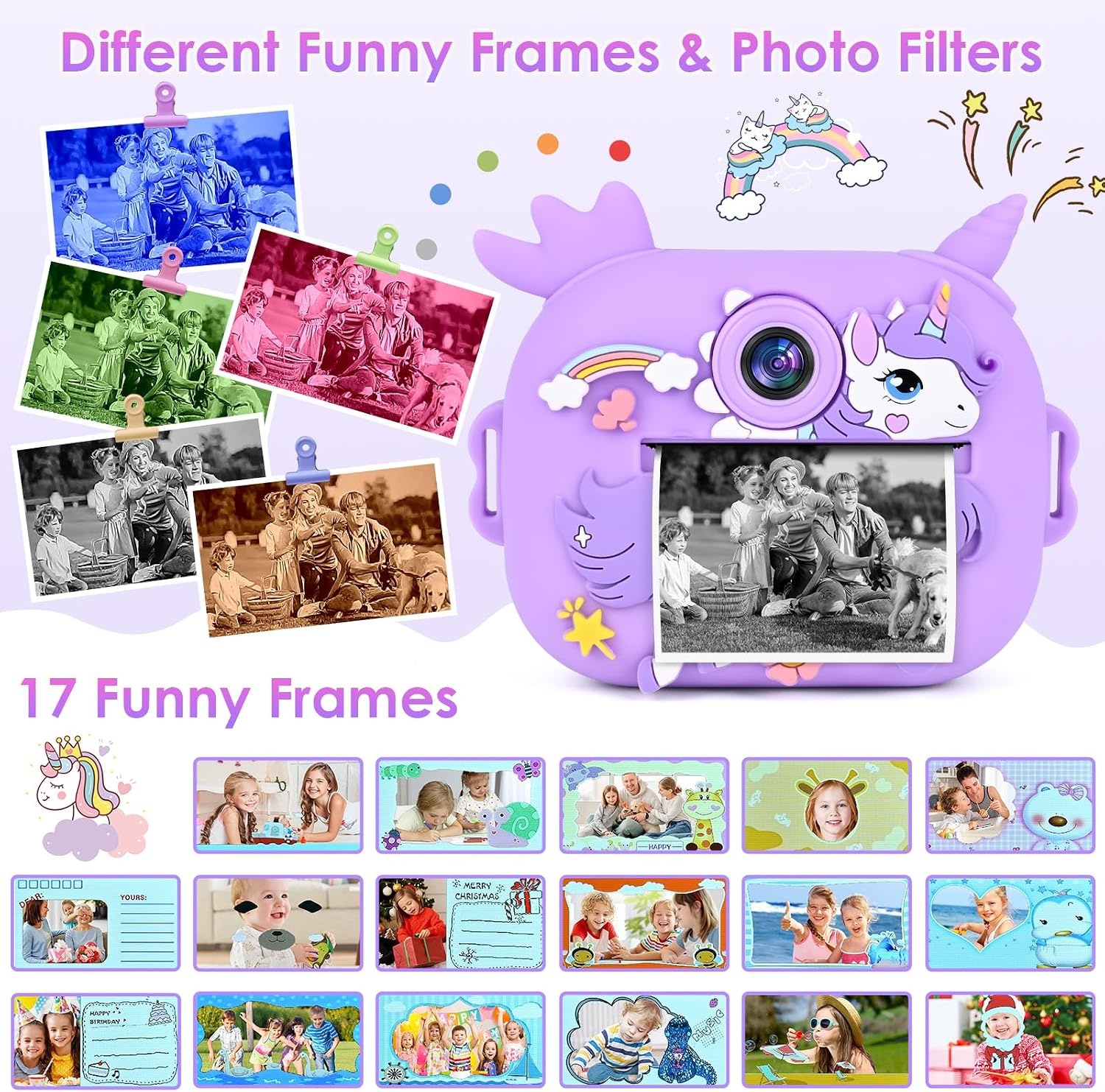 GuKKK Kindercamera met Directe Printfunctie - Lila - Inclusief 32GB SD-kaart en Accessoires