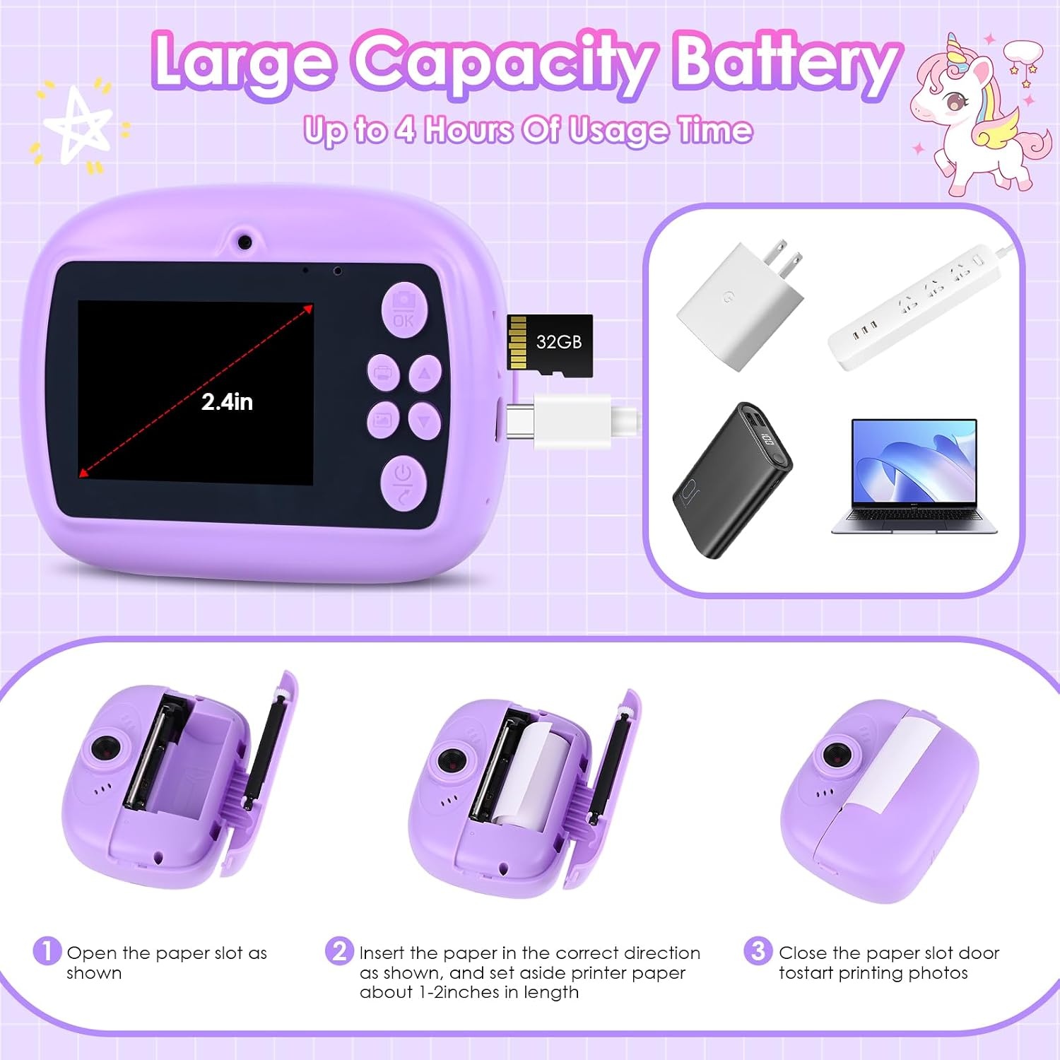 GuKKK Kindercamera met Directe Printfunctie - Lila - Inclusief 32GB SD-kaart en Accessoires