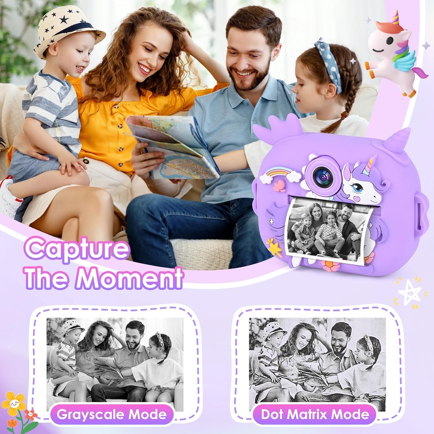 GuKKK Kindercamera met Directe Printfunctie - Lila - Inclusief 32GB SD-kaart en Accessoires