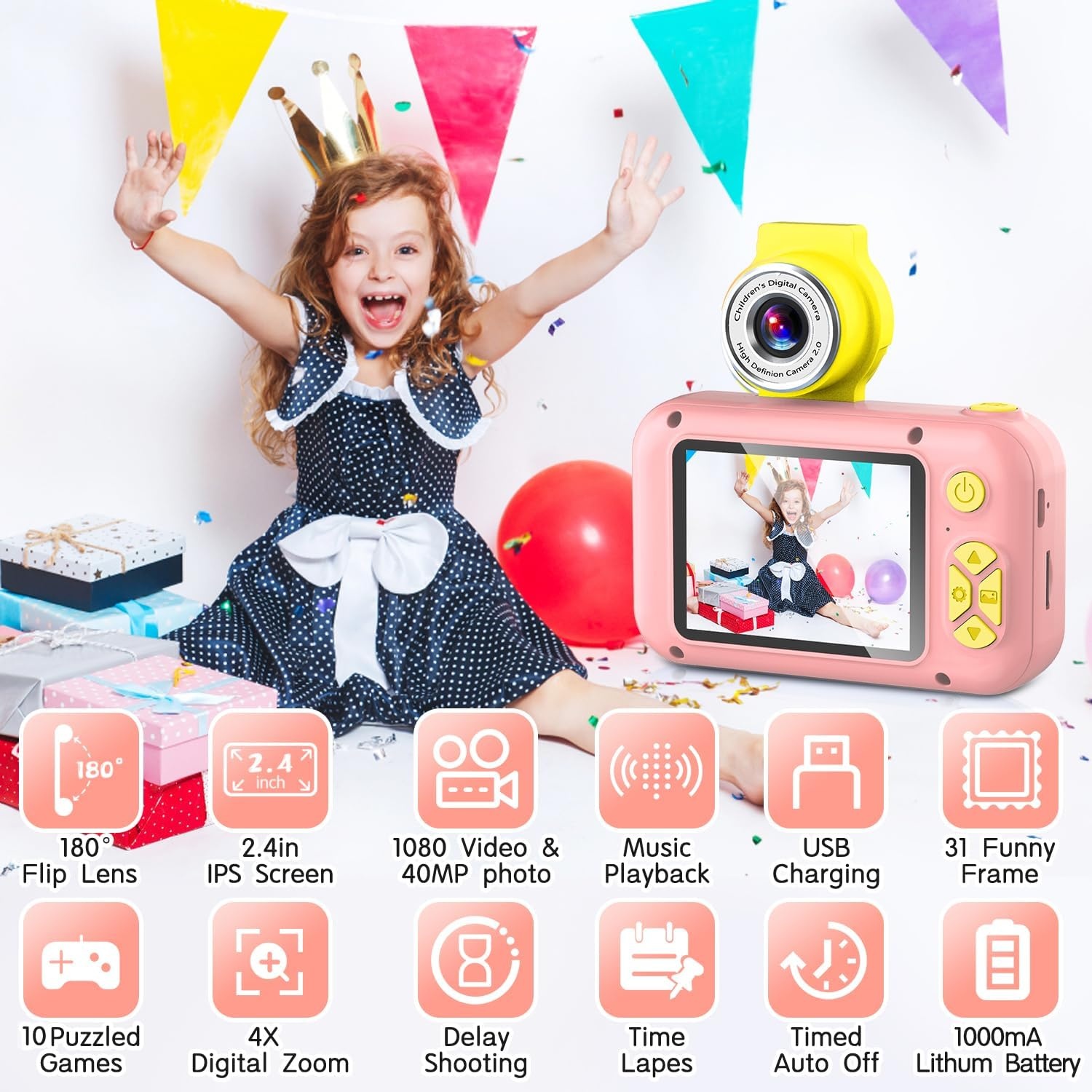 ARNSSIEN Roze Kinderen Camera met 180° Draaibare Lens en 2.4 Inch Scherm